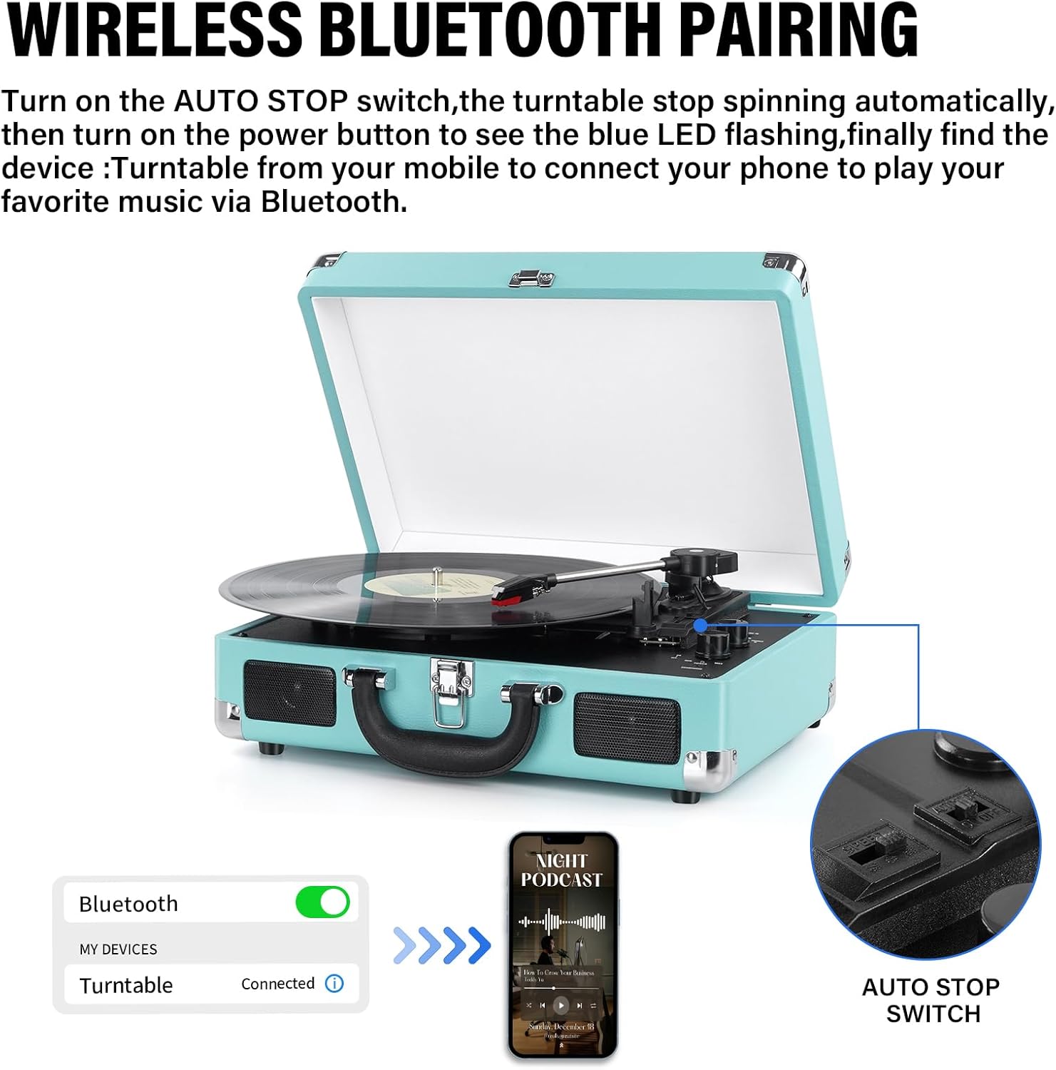3-Speed Bluetooth Vinyl Turntable Record Player with Built-in Speakers