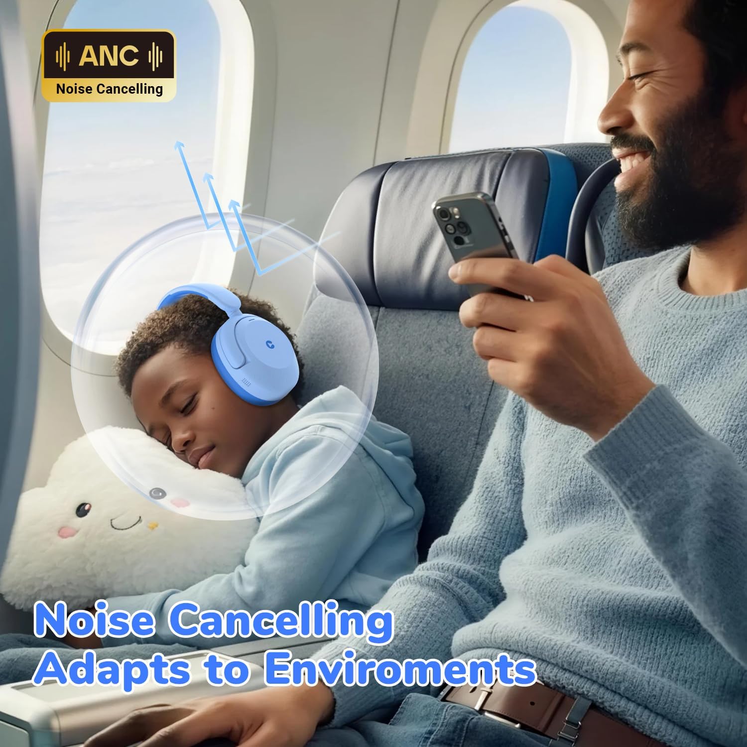 Kids Bluetooth ANC Headphones Safe Volume 60 Hour Battery Blue