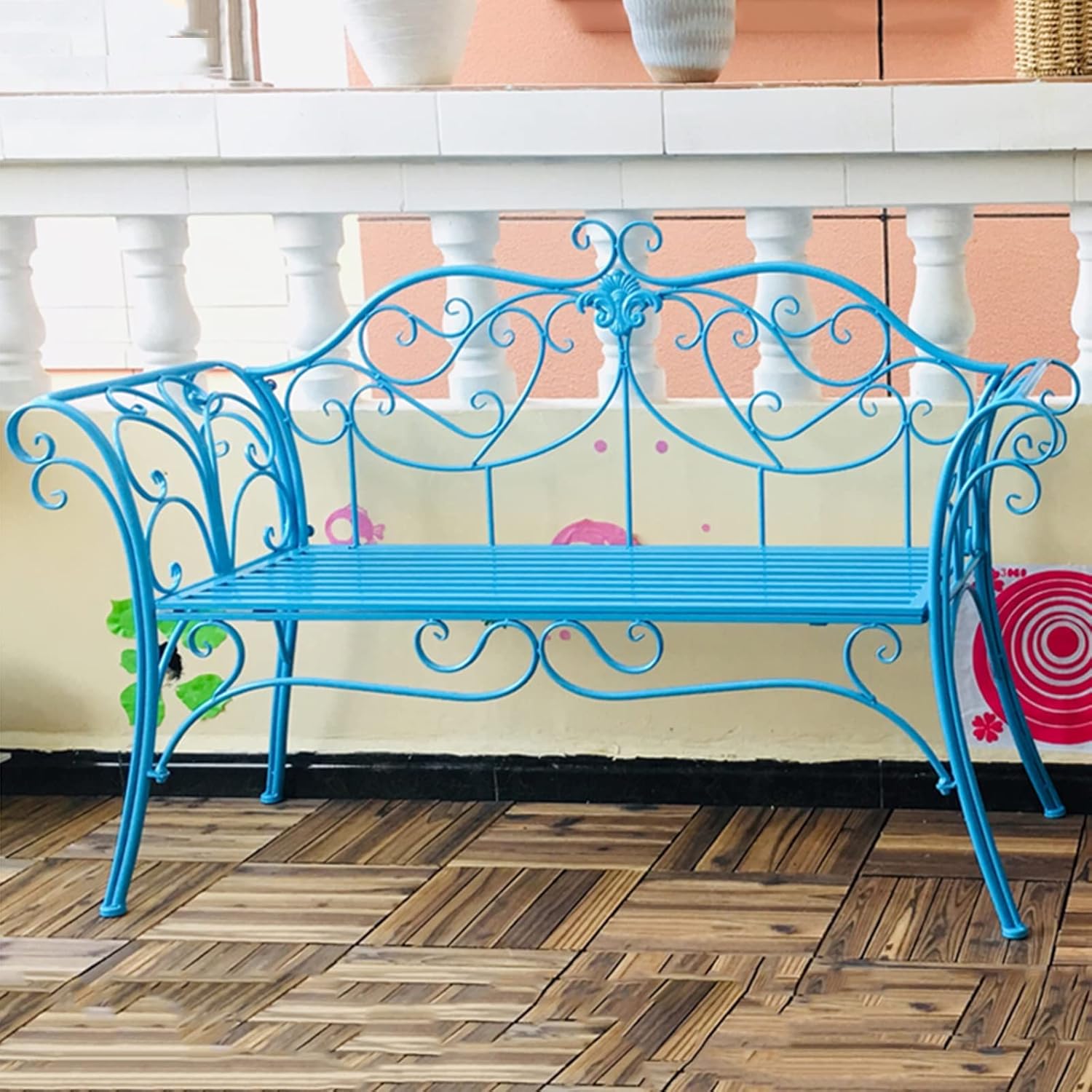 2 Seater Metal Garden Bench Outdoor Patio Seat Curved Back Blue