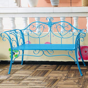 Blue Retro Metal Garden Bench 2 Seater Patio Seat with Armrests