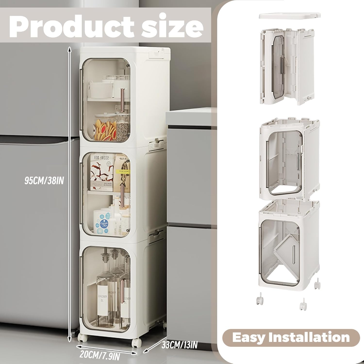 3 Tier Slim Storage Cabinet Foldable Bathroom Organizer Unit