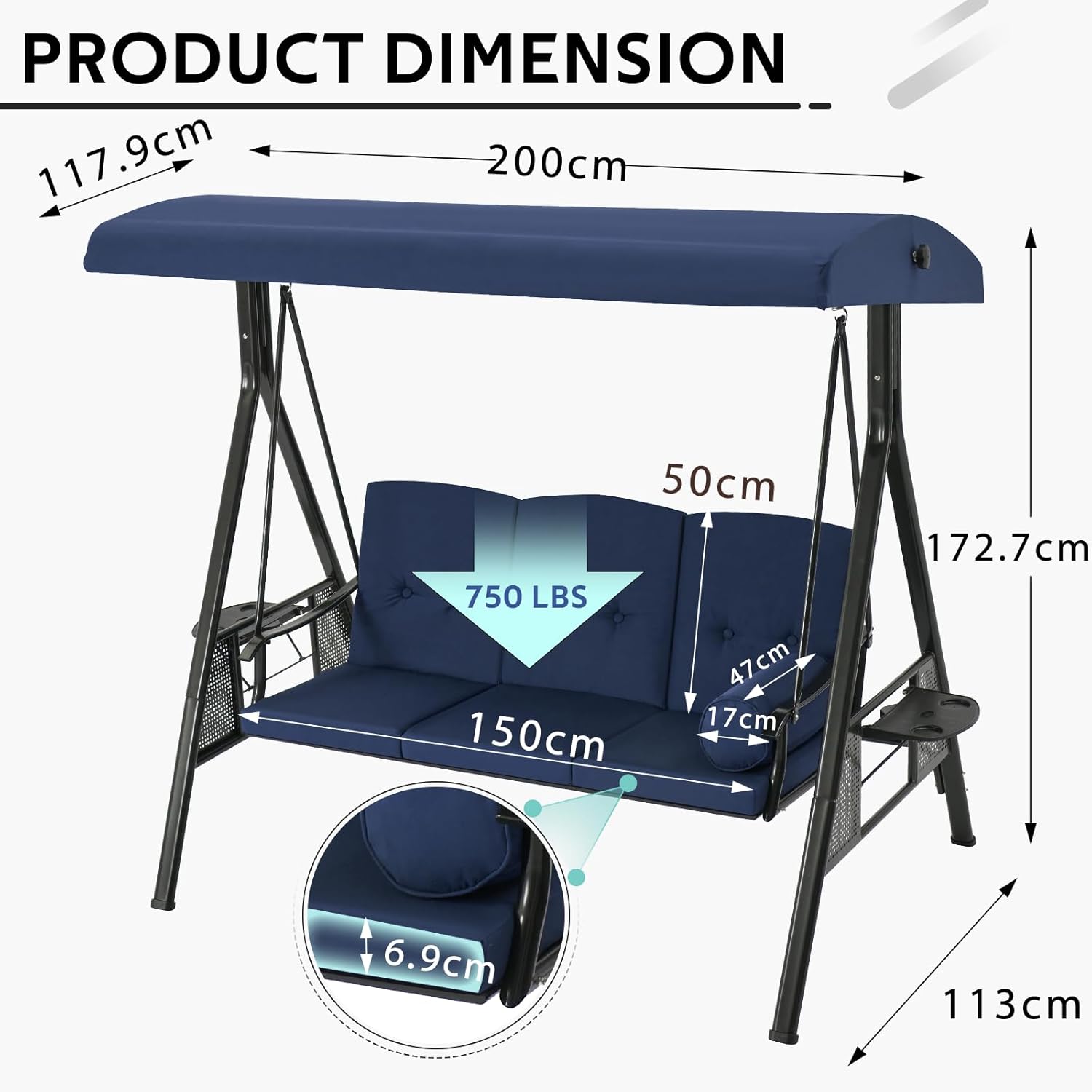 3 Seater Garden Swing Chair Canopy Side Tables Blue