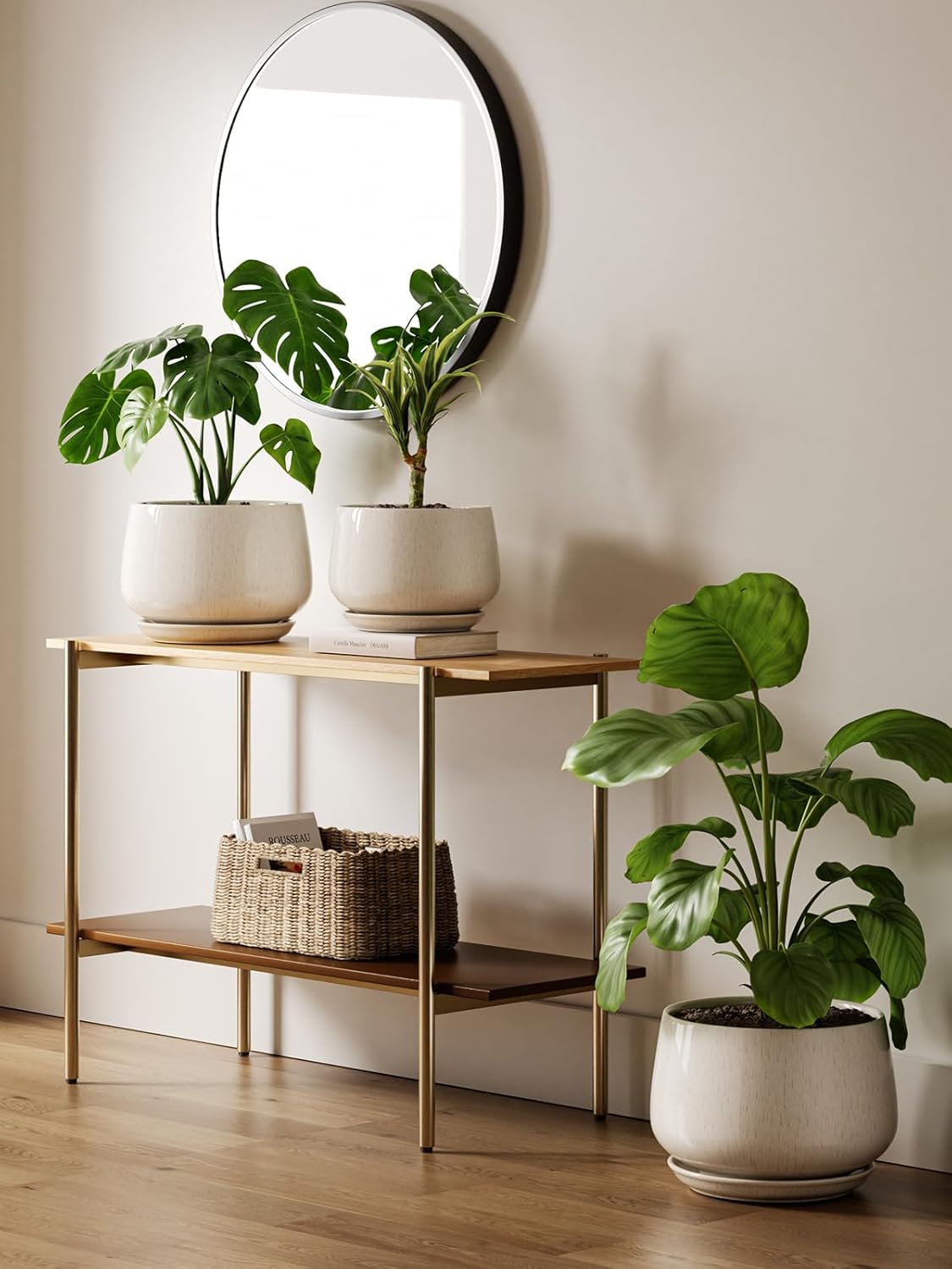 30cm Ceramic Plant Pot Beige Large Planter with Drainage Saucer