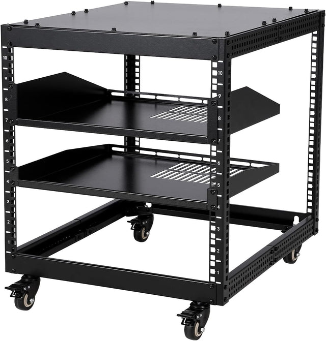 10U Adjustable Open Frame IT Rack with Wheels and Shelves