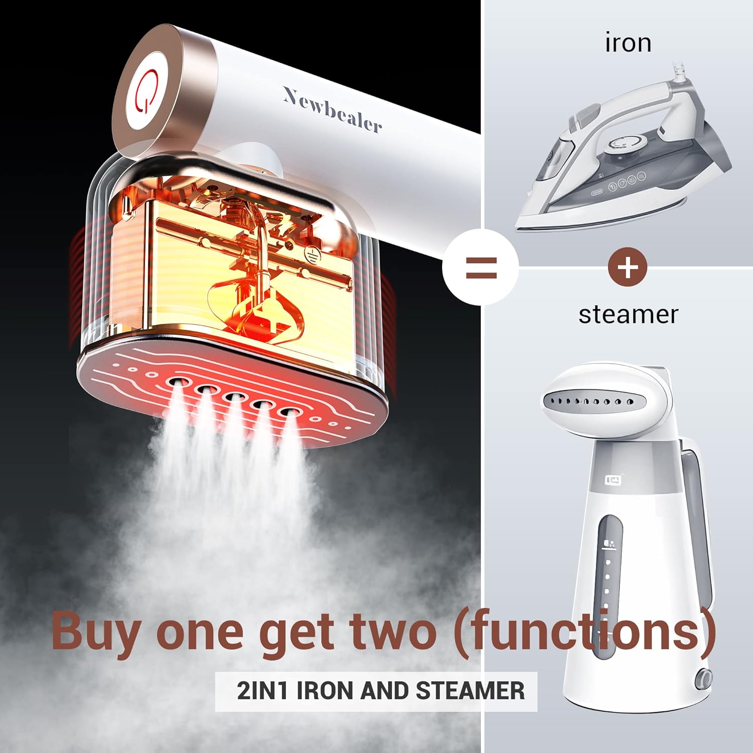 Handheld Clothes Steamer 2-in-1 Garment Steamer Fast Heat 2 Steam Levels