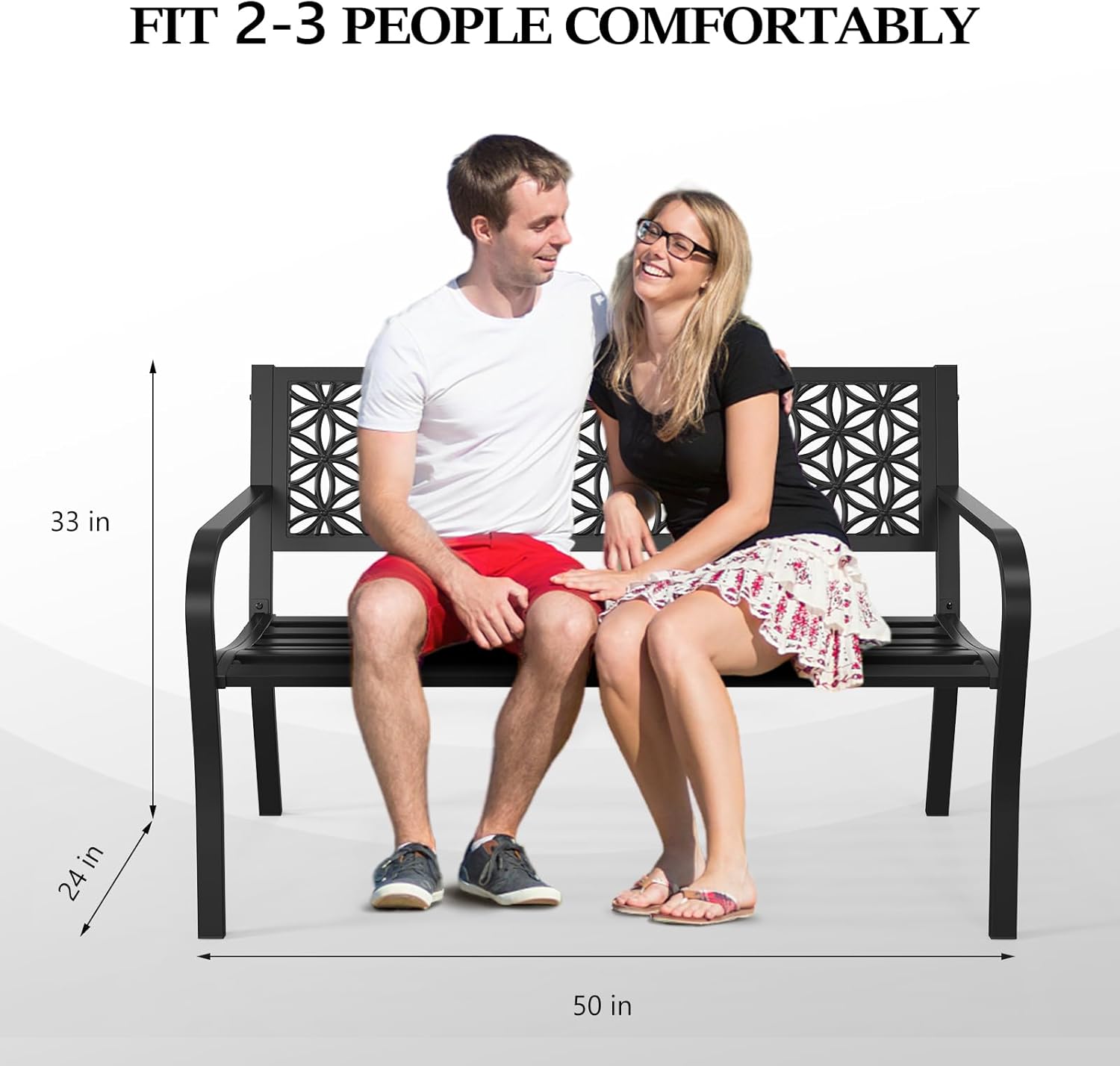 Metal Garden Bench 2-3 Seater Floral Back Outdoor Patio Seat Black