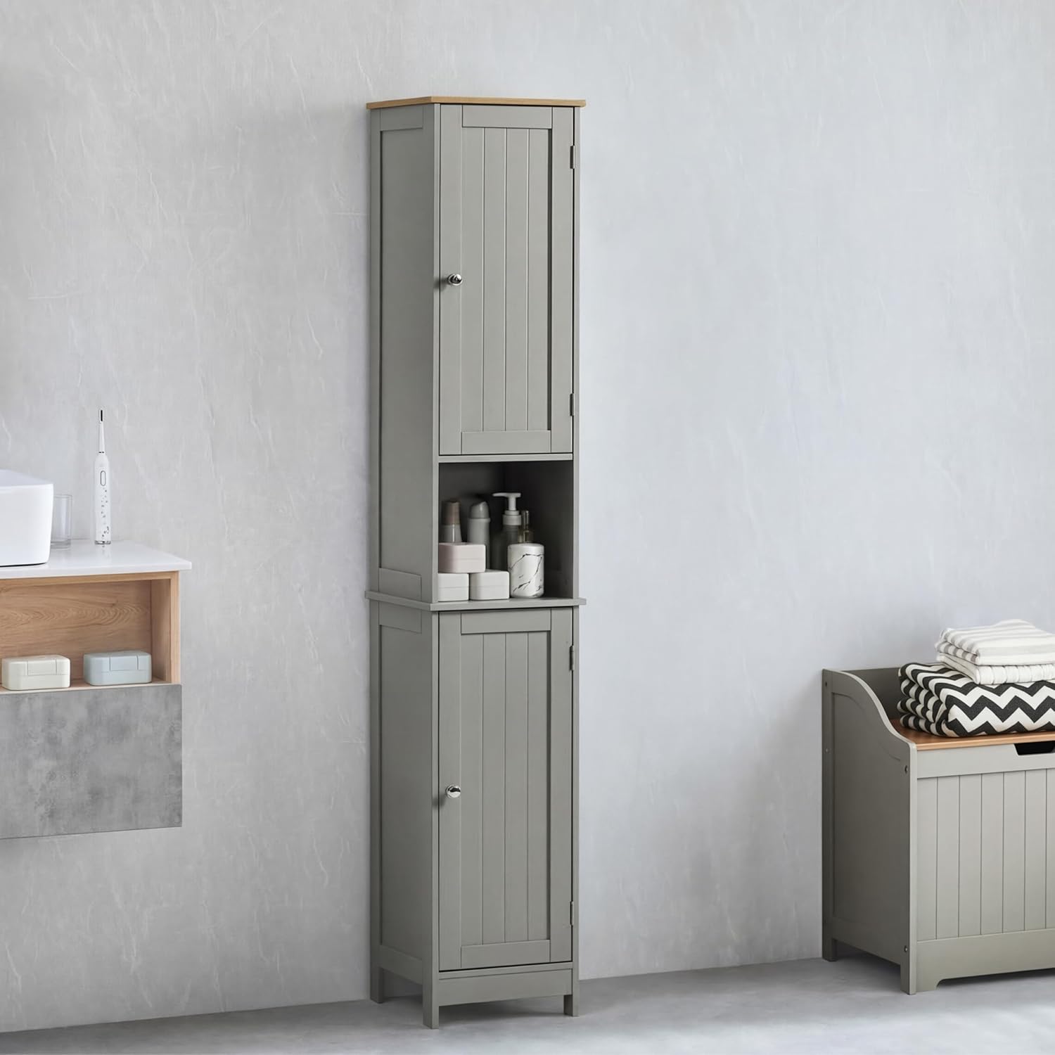 Tall Bathroom Storage Cabinet Grey Oak 2 Door Unit