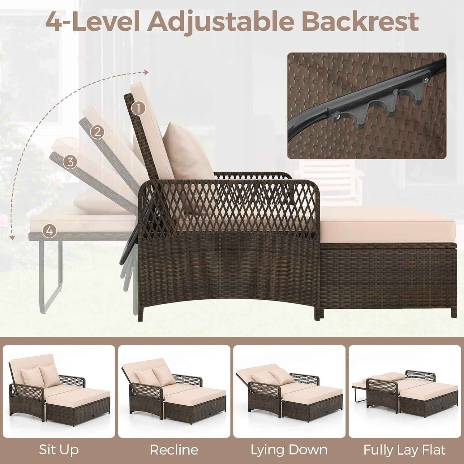 Rattan Garden Daybed Double Lounger Storage Ottoman Beige