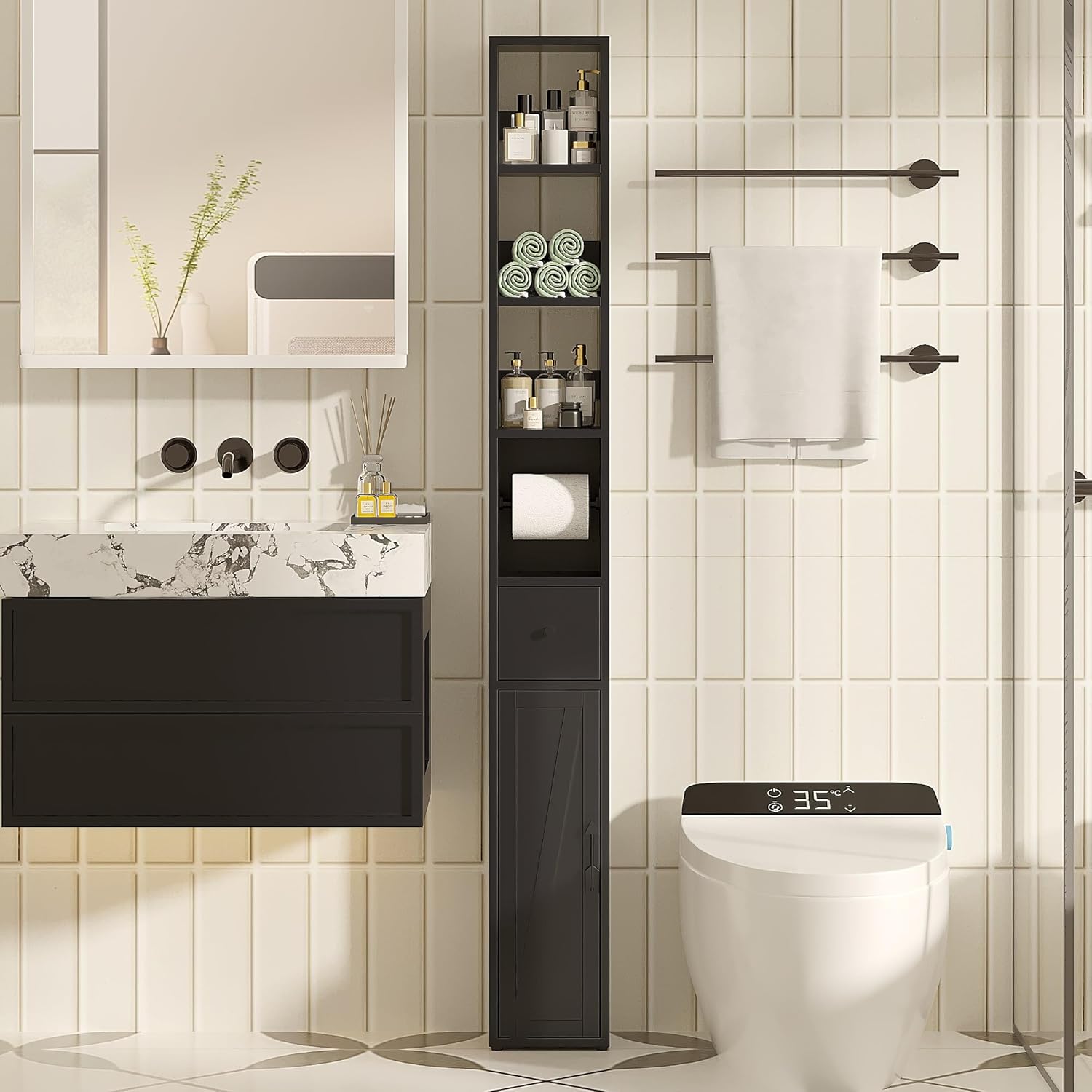 Slim Tall Bathroom Cabinet Black Adjustable Shelf Tissue Holder
