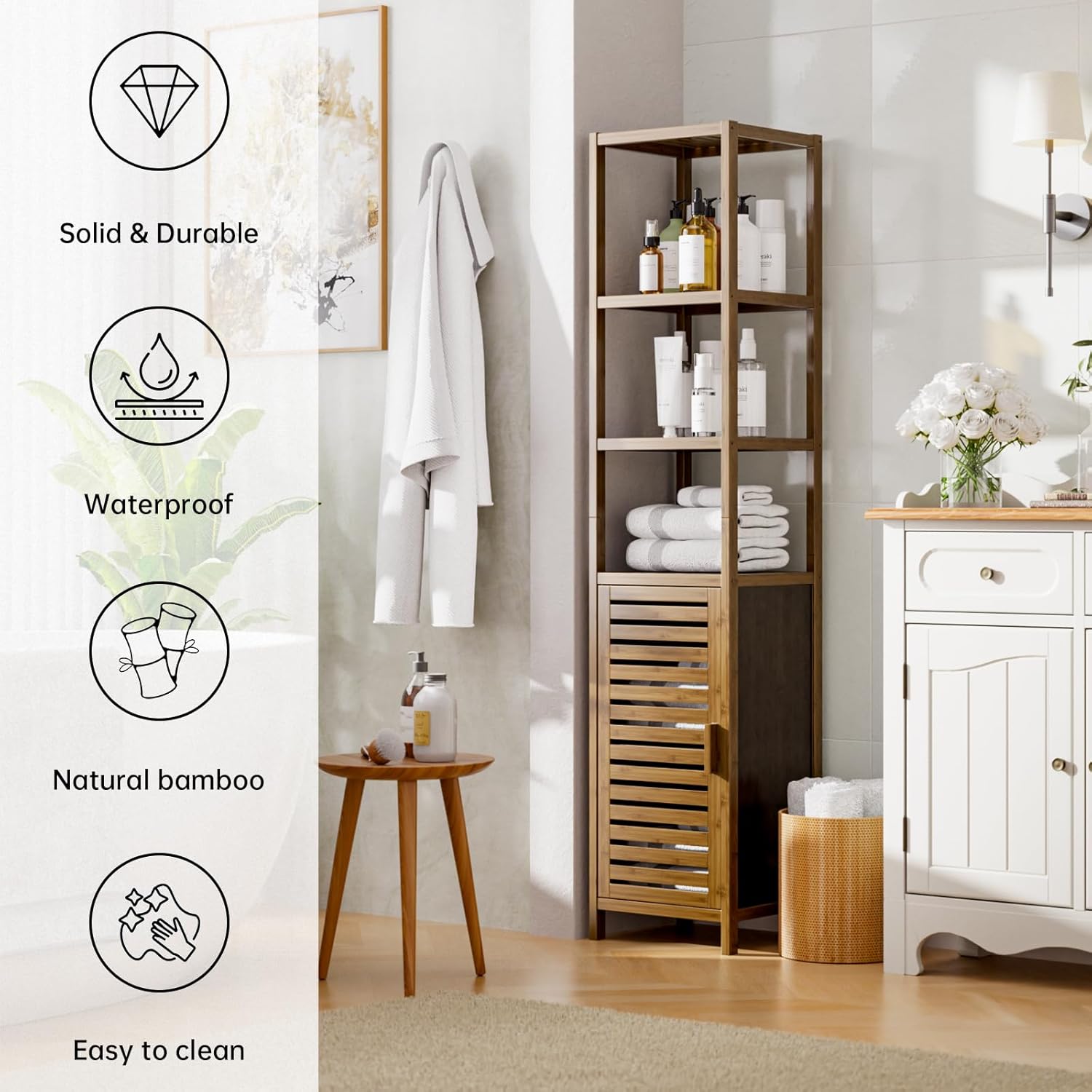 Bamboo Tall Storage Cabinet Walnut Open Shelf Door Unit