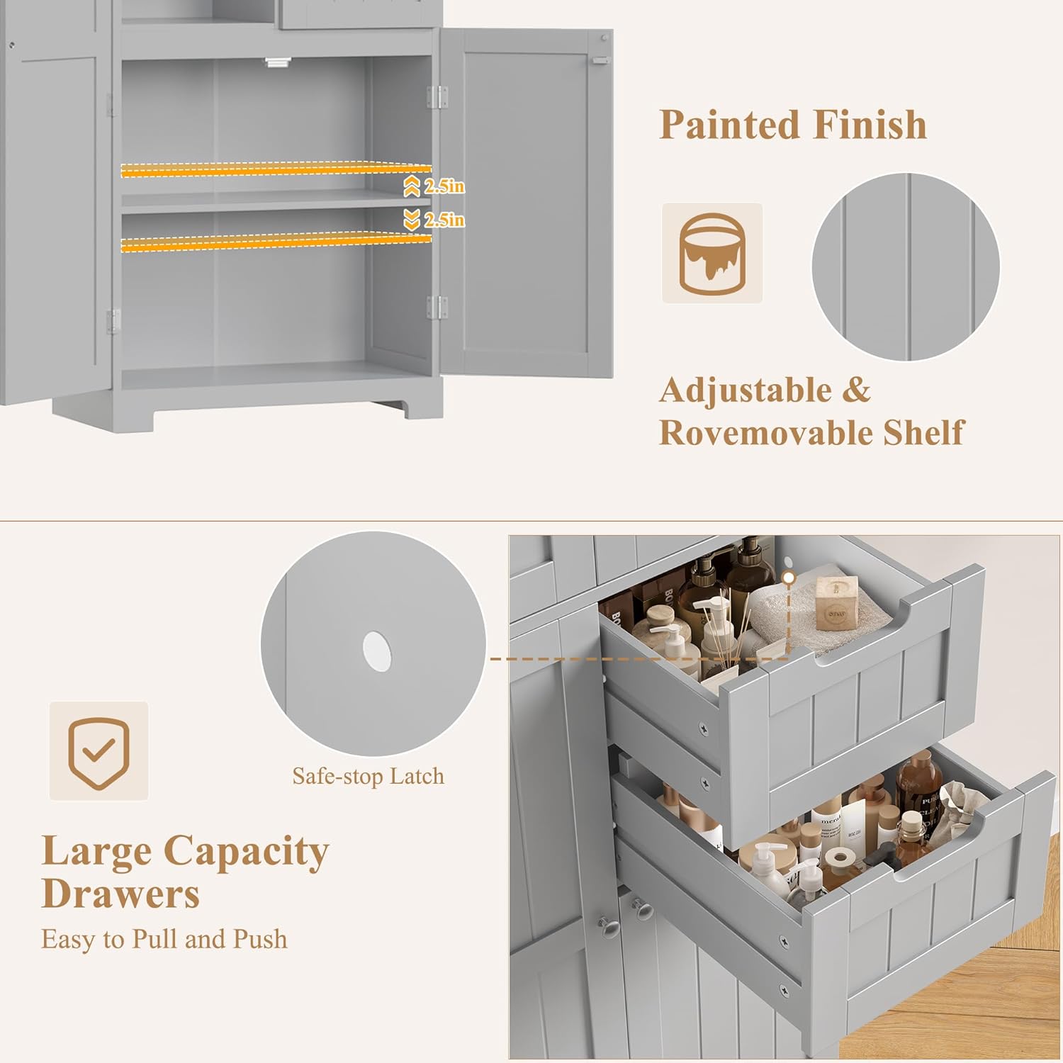 Tall Bathroom Storage Cabinet 2 Drawers Adjustable Shelves Grey