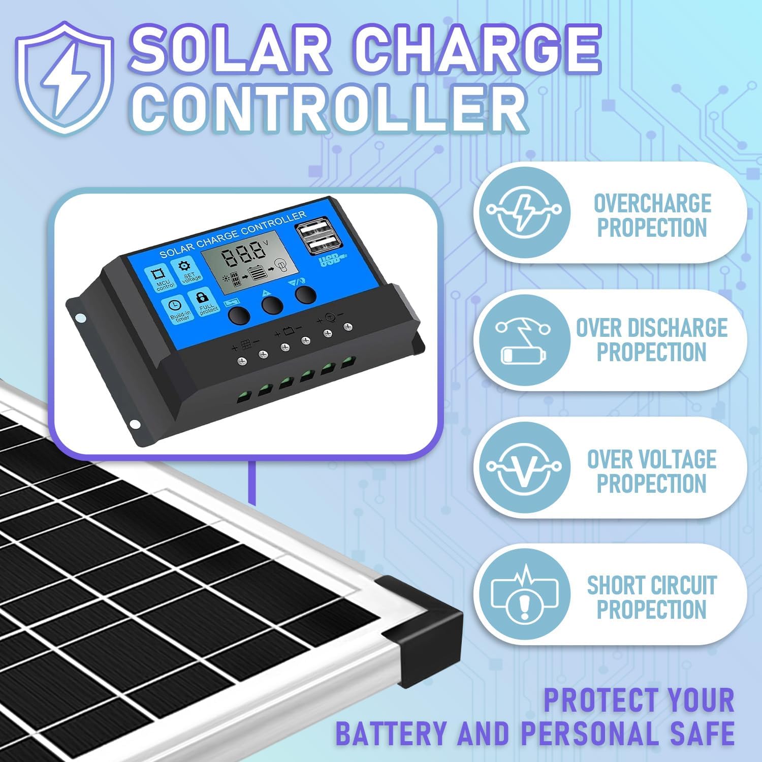 20W Solar Panel 12V Battery Charger Kit PWM Controller
