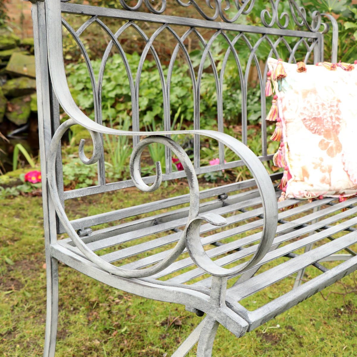 Ornate Metal Garden Bench Distressed White Patio Seat