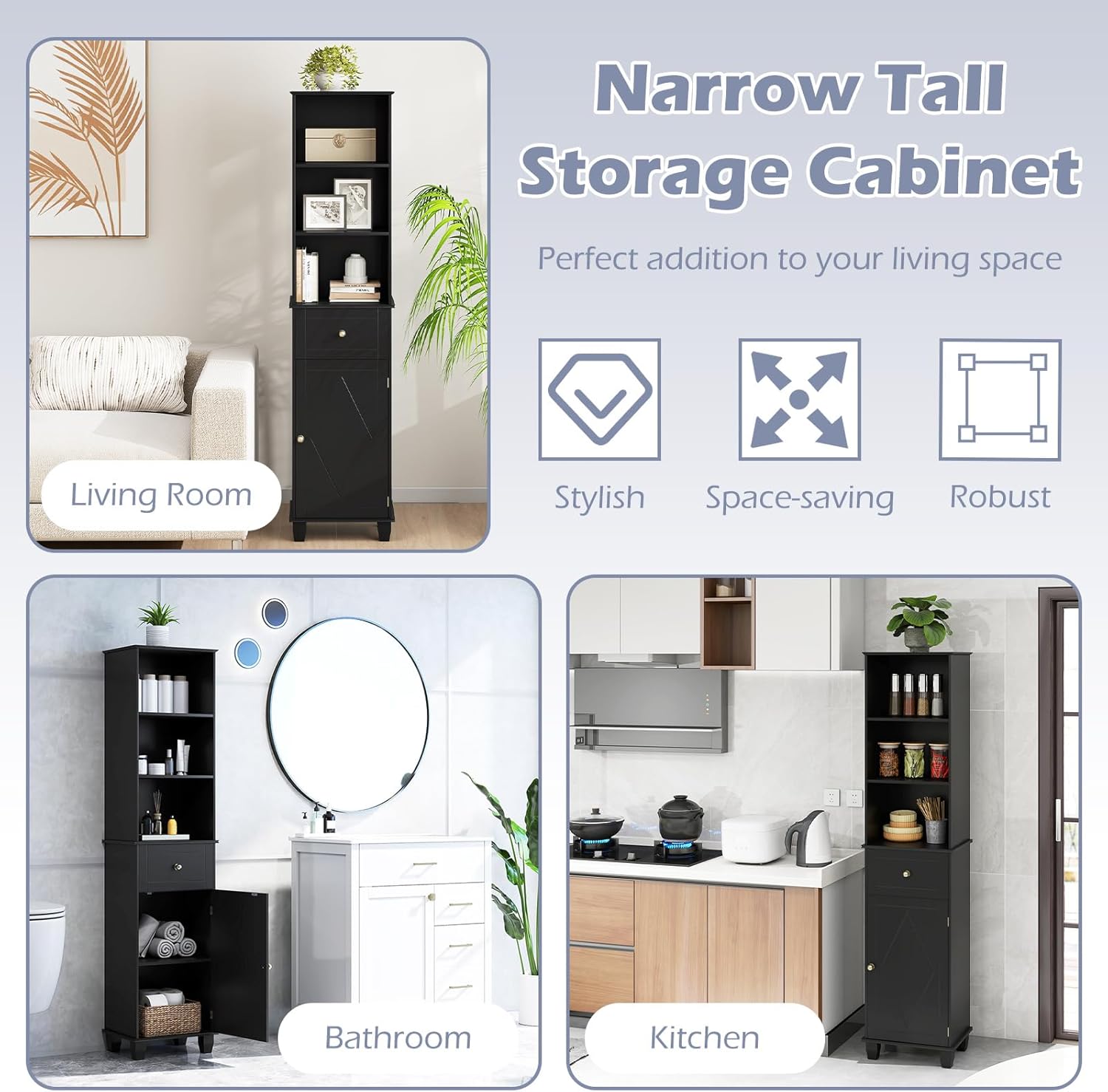 Tall Bathroom Cabinet Black Shelf Drawer Door Unit