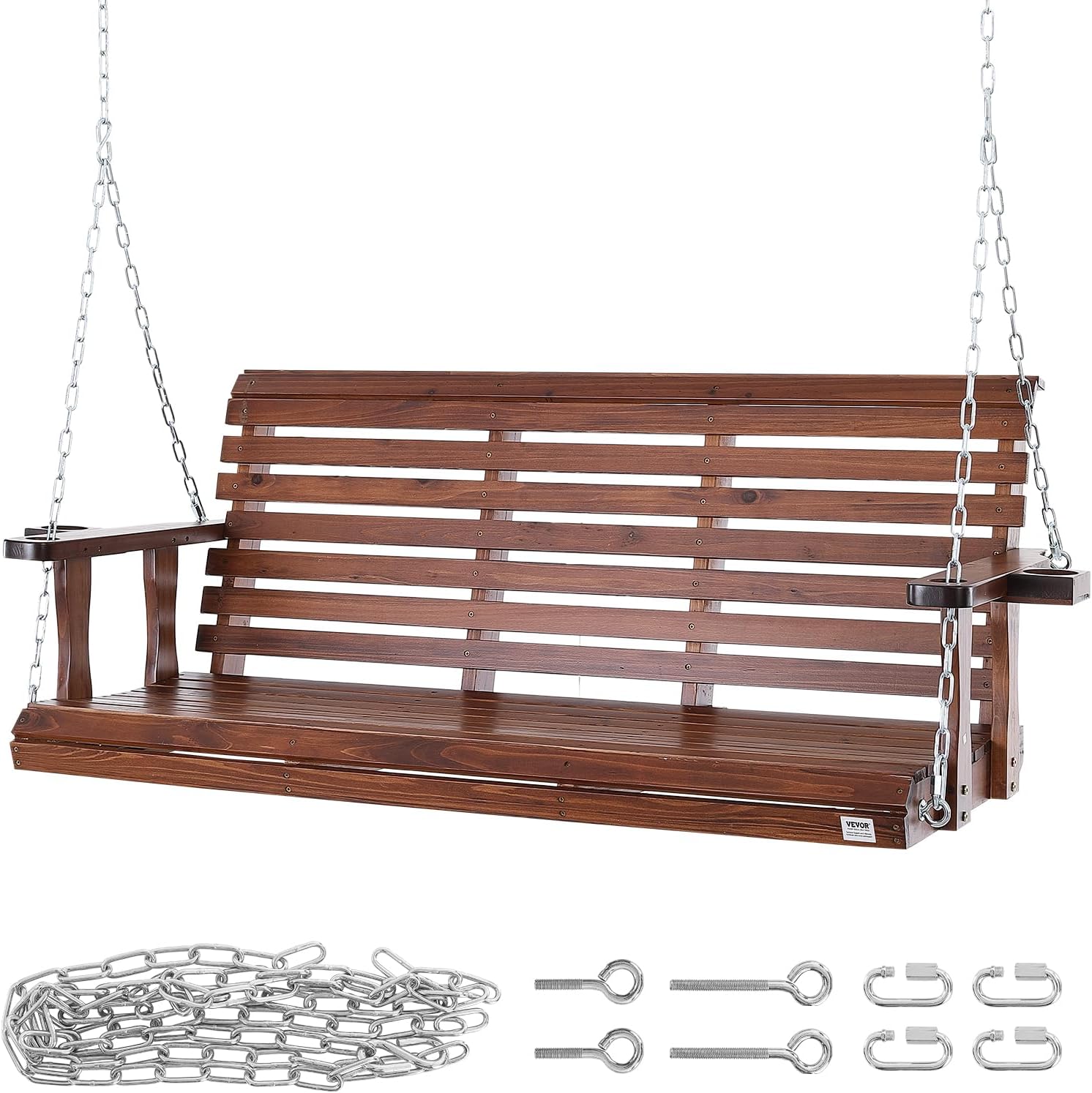 Brown Wooden Porch Swing Bench 5.5ft with Cup Holders