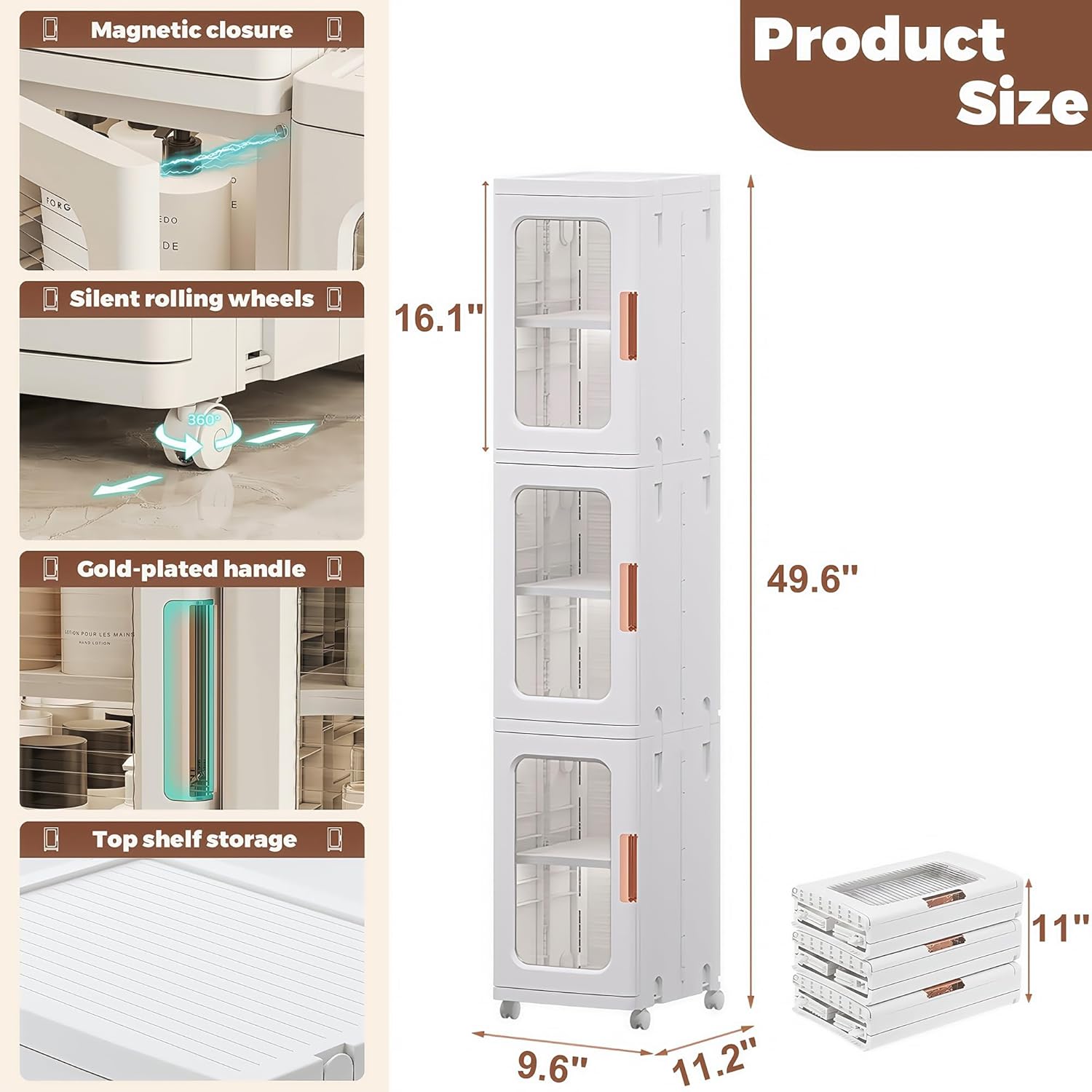 3 Tier Slim Storage Cabinet Foldable Clear Door Organizer White