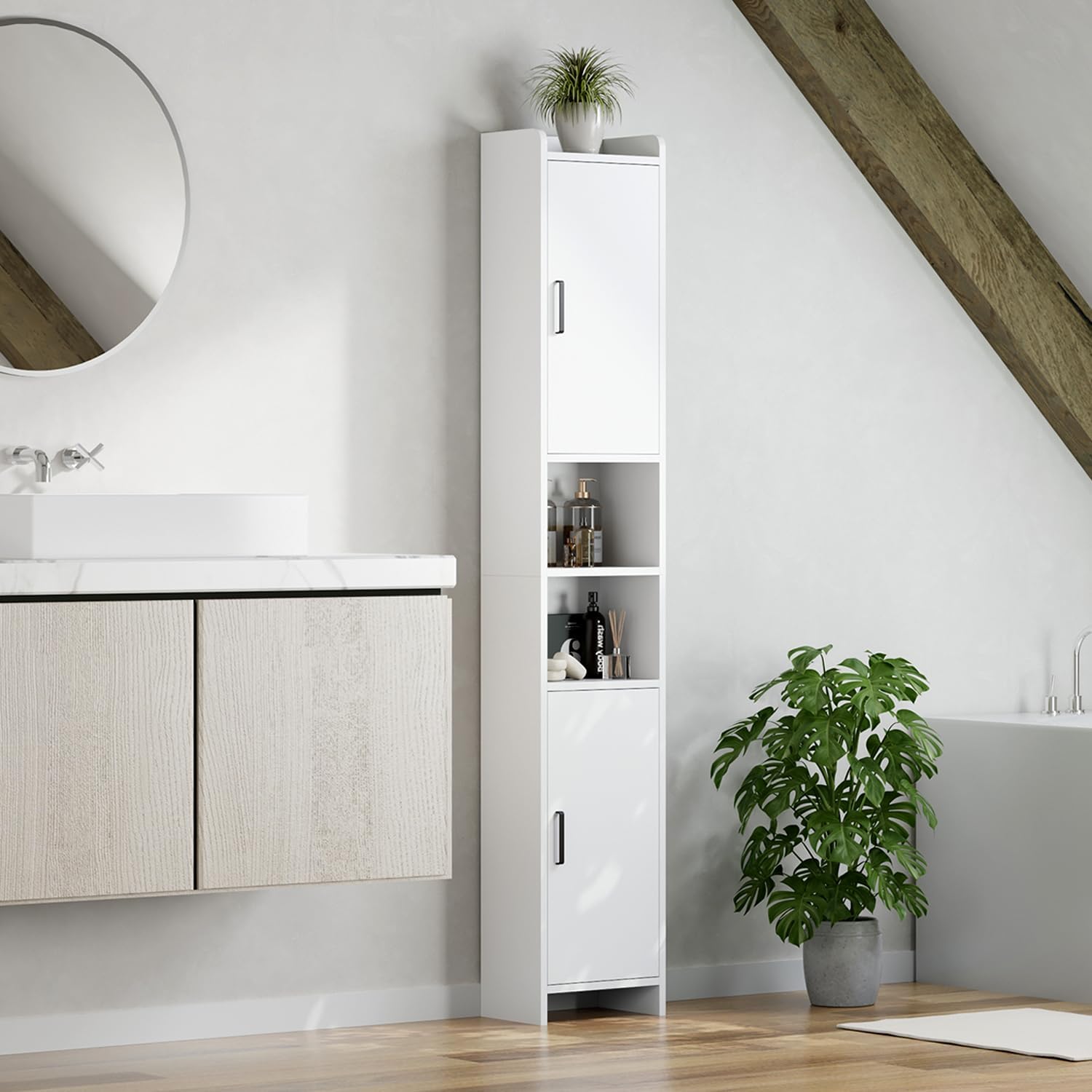 Tall Slim Bathroom Storage Cabinet 2 Doors Open Shelves White