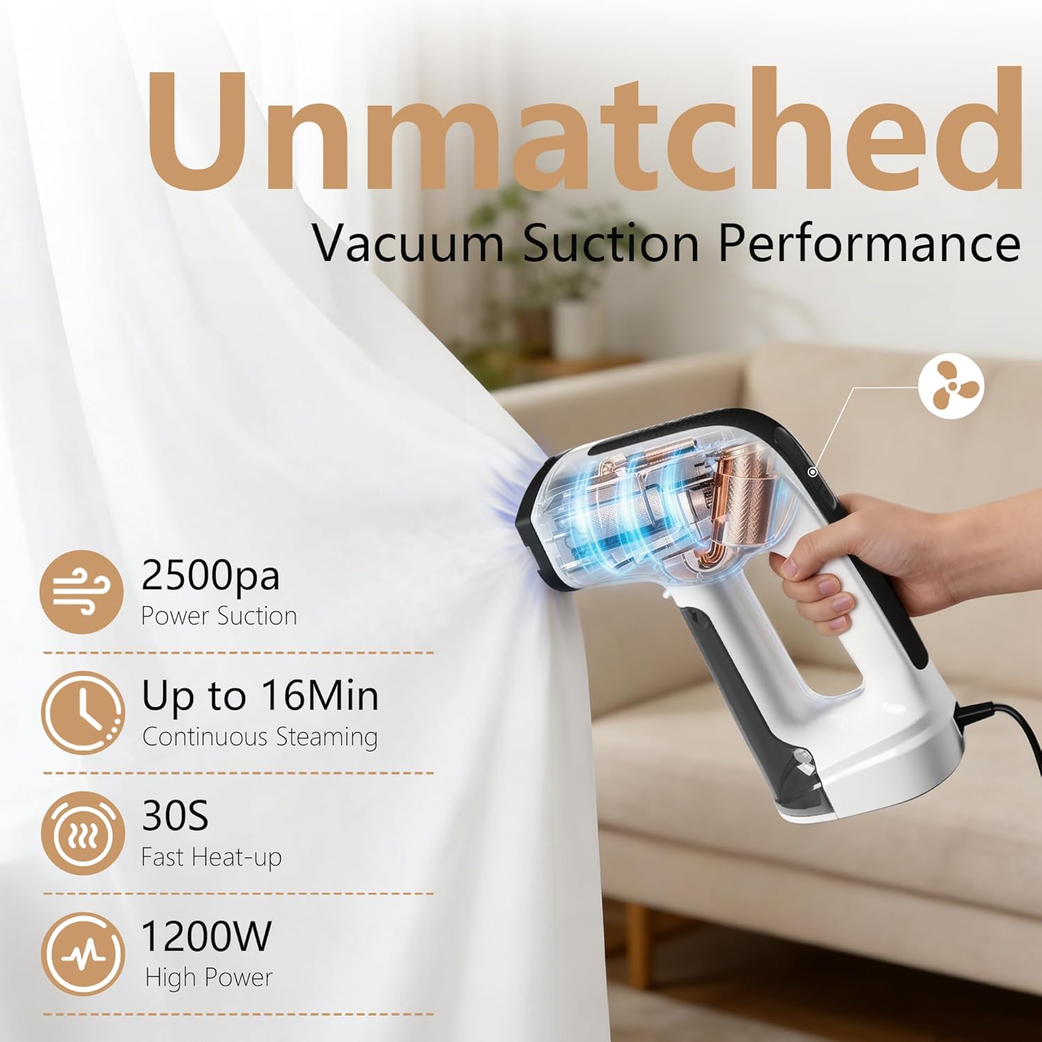 Vacuum Clothes Steamer 2500Pa Suction Handheld Steam Iron LED