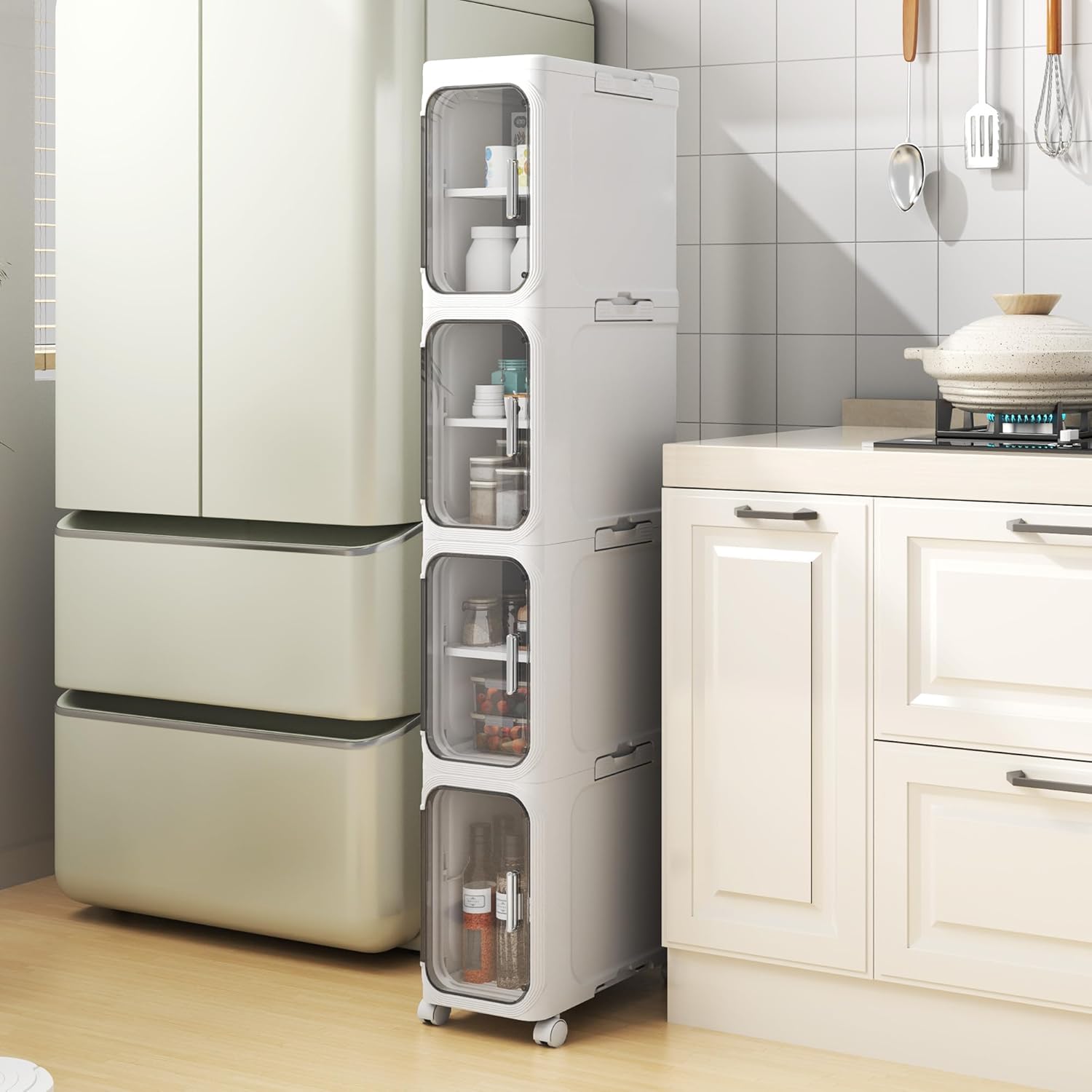 Slim Bathroom Storage Trolley Cabinet with Wheels 4 Tier White