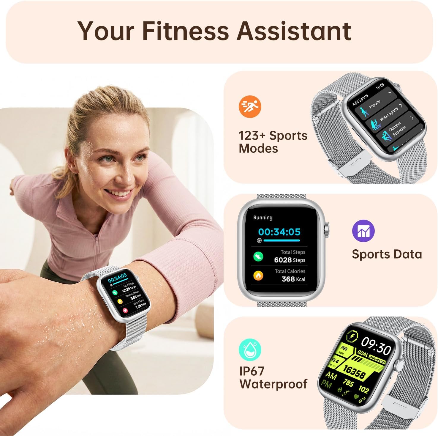 Women Smart Watch Fitness Tracker Call Heart Rate 3 Straps