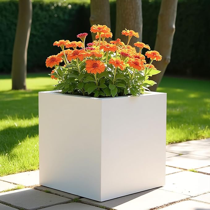 50cm Large Square Planter White Stone Effect Garden Tree Pot