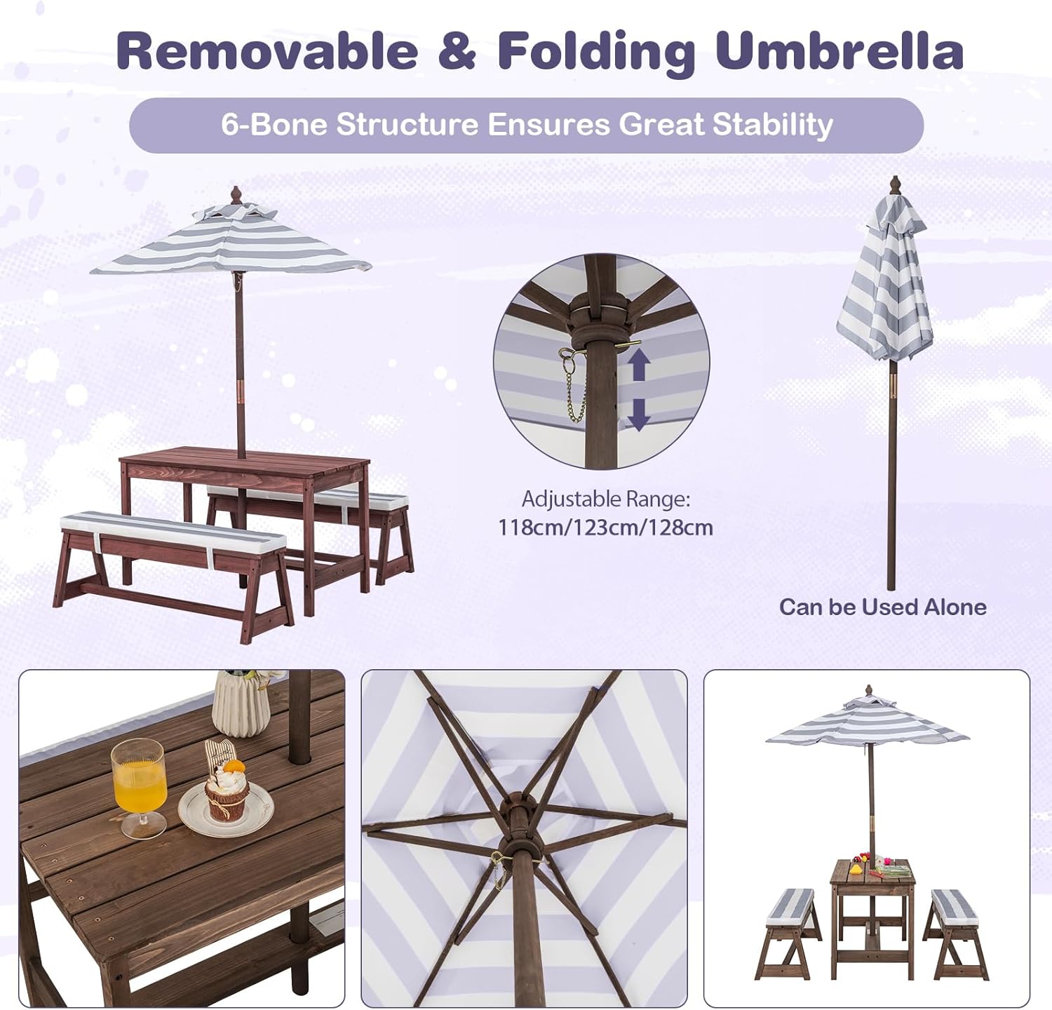 Kids Wooden Picnic Table Bench Set w/Umbrella Cushions