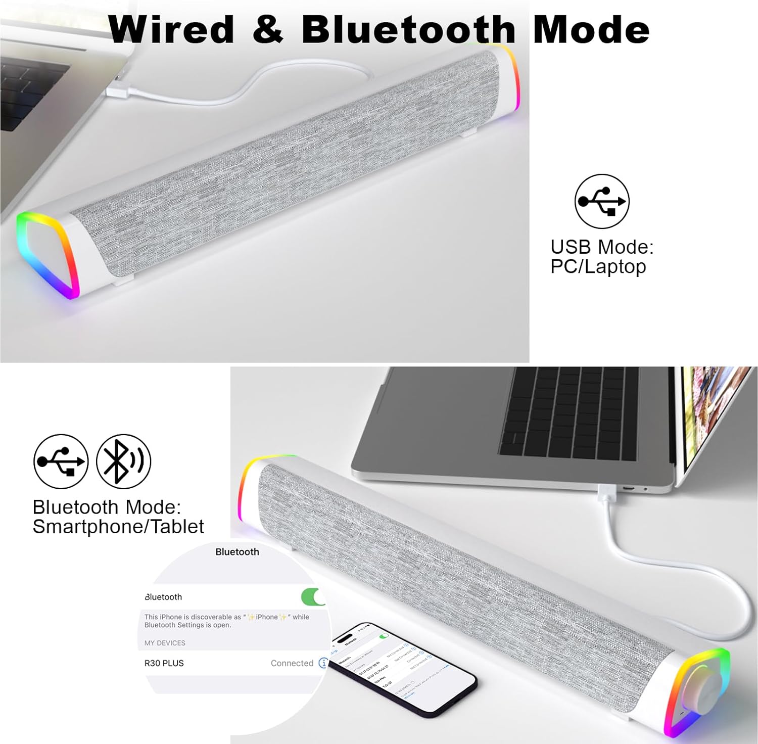 PC Soundbar Bluetooth USB Speaker RGB Lights Desktop Stereo