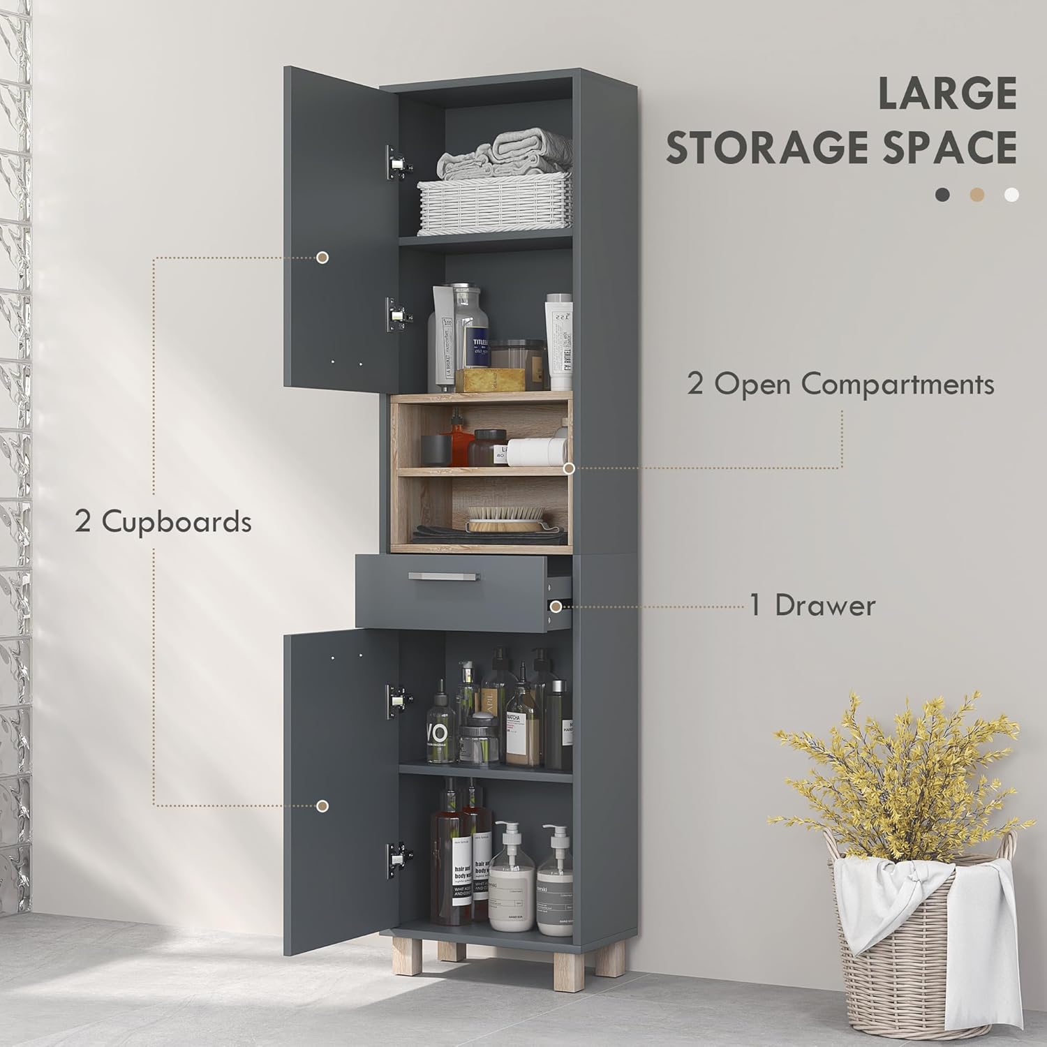 Tall Bathroom Storage Cabinet Grey Freestanding Shelves Drawer Unit