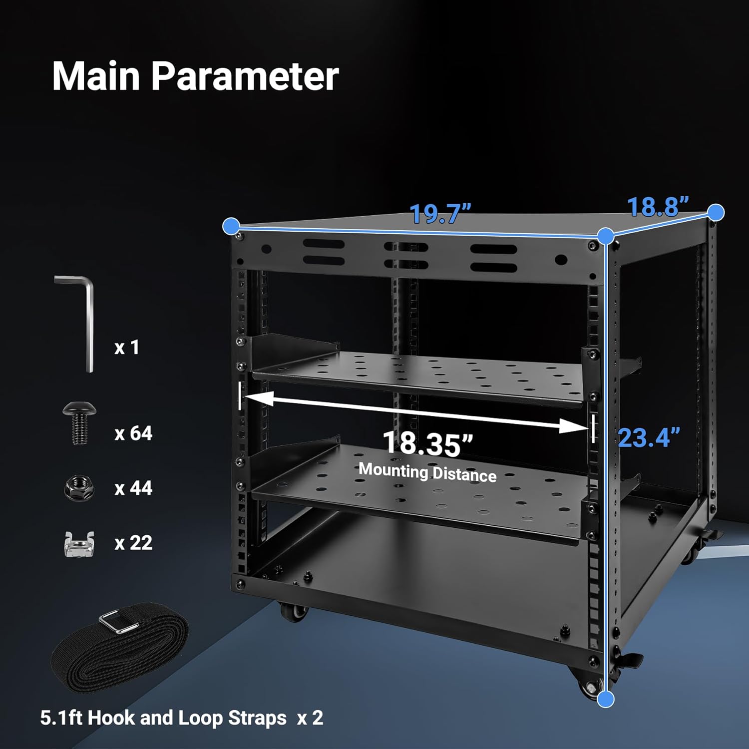 10U Open Frame Server Rack with Wheels 2 Shelves
