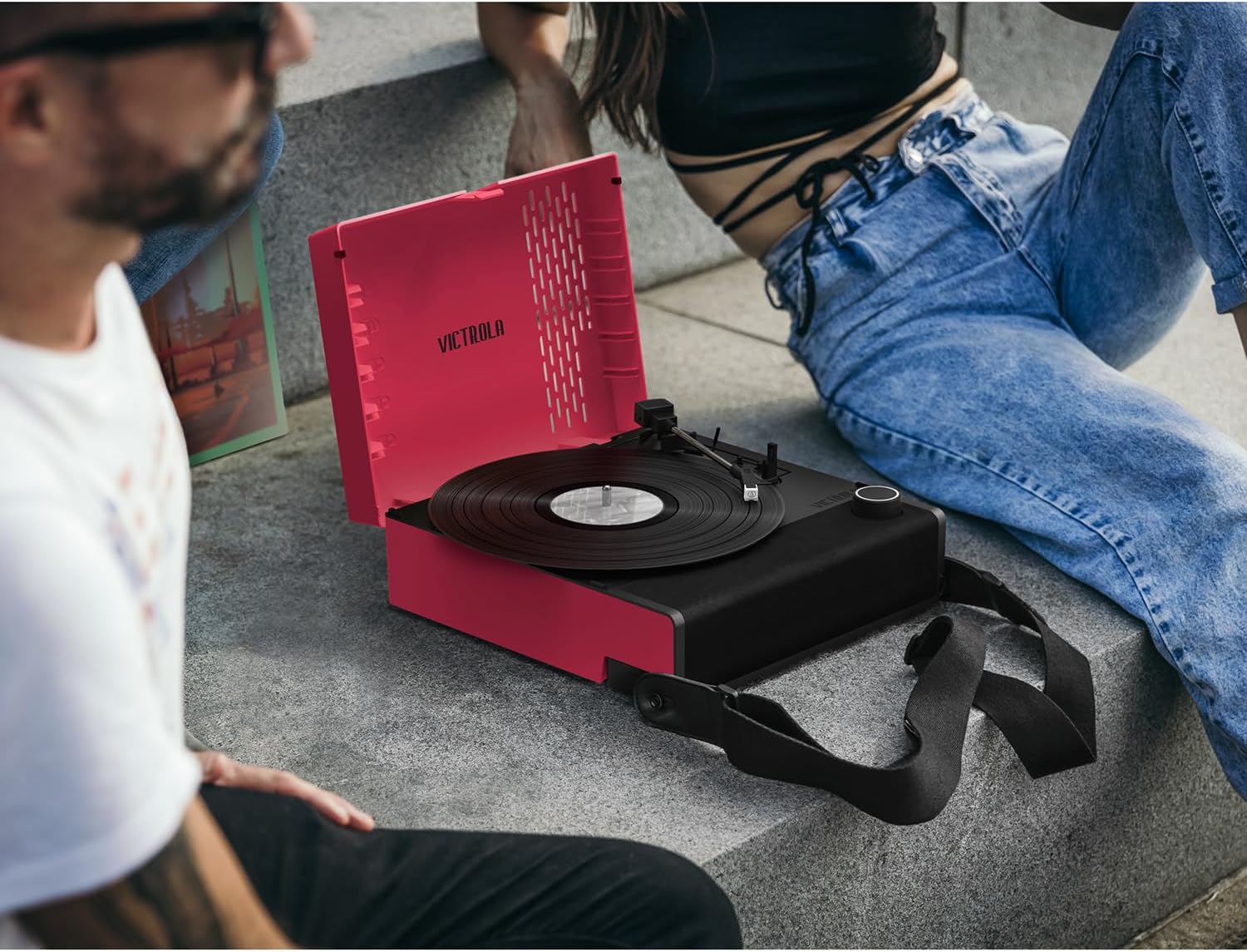 Pink Portable Bluetooth Record Player Rechargeable