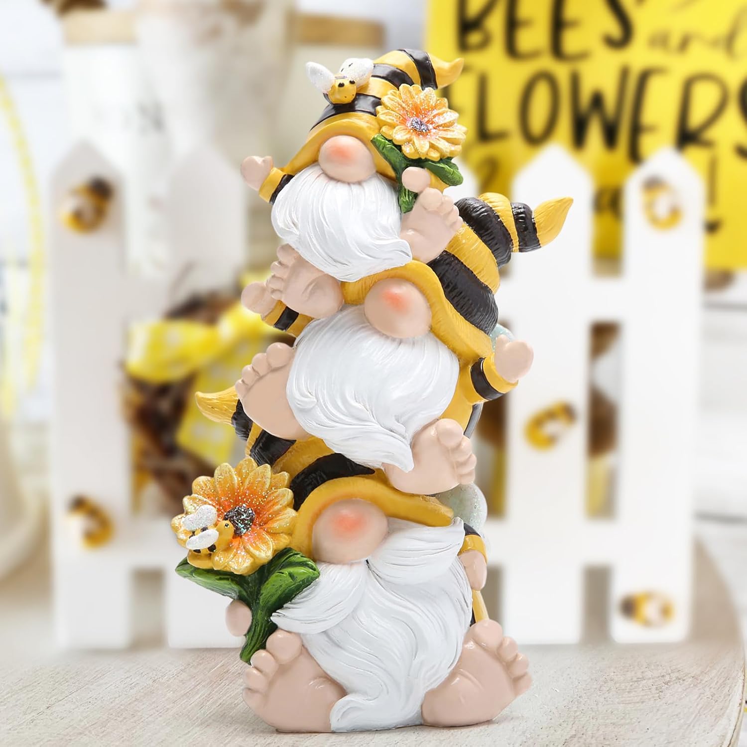Bee Gnome Figurine Stacked Garden Decor Cute Summer Home
