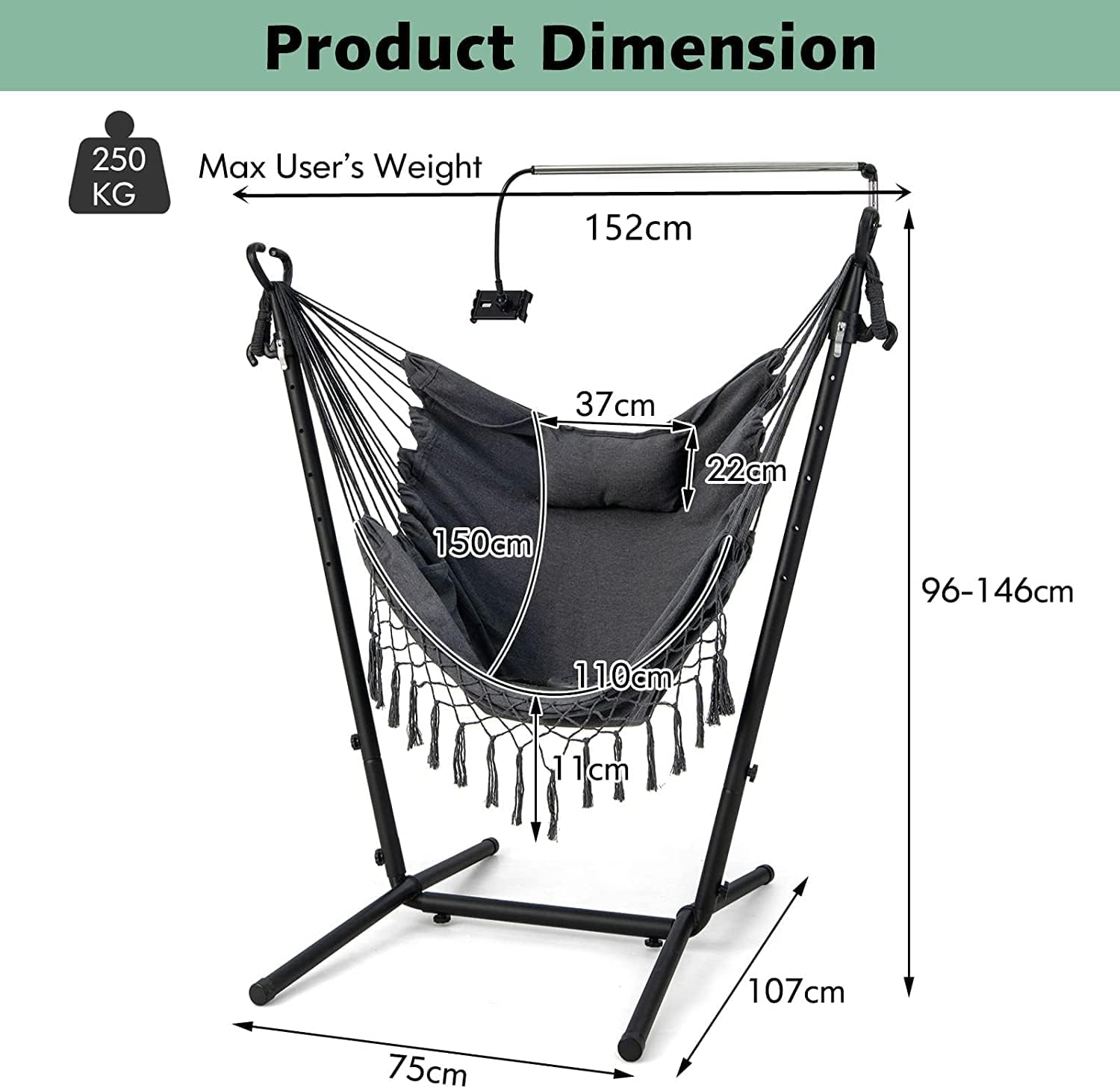 Hammock Chair with Stand Phone Holder Grey Swing Seat