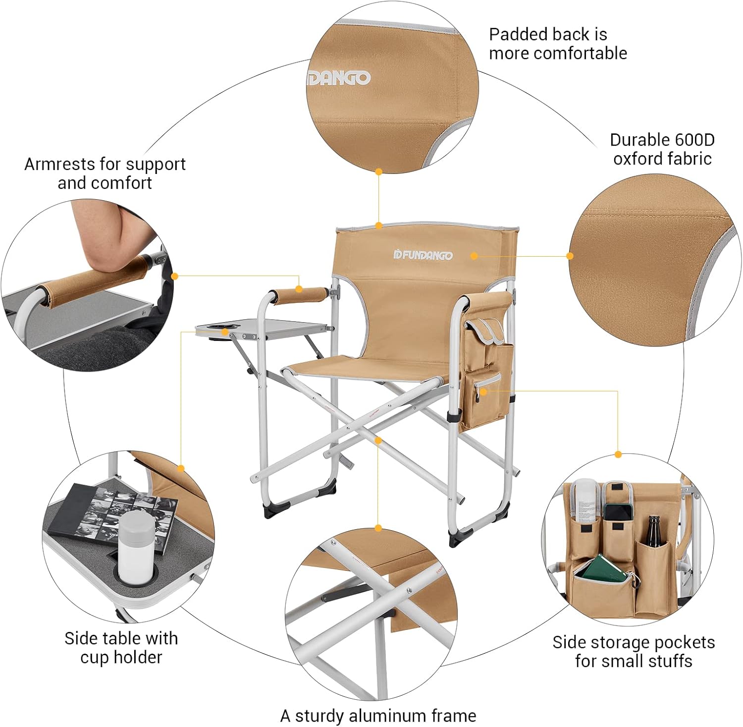 Lightweight Director Camping Chair with Side Table Khaki