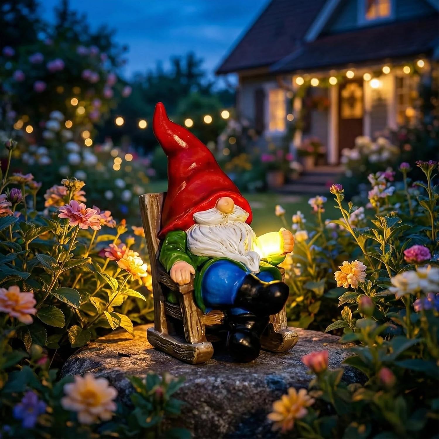 Solar Gnome Garden Statue LED Light Outdoor Coffee Cup Decor
