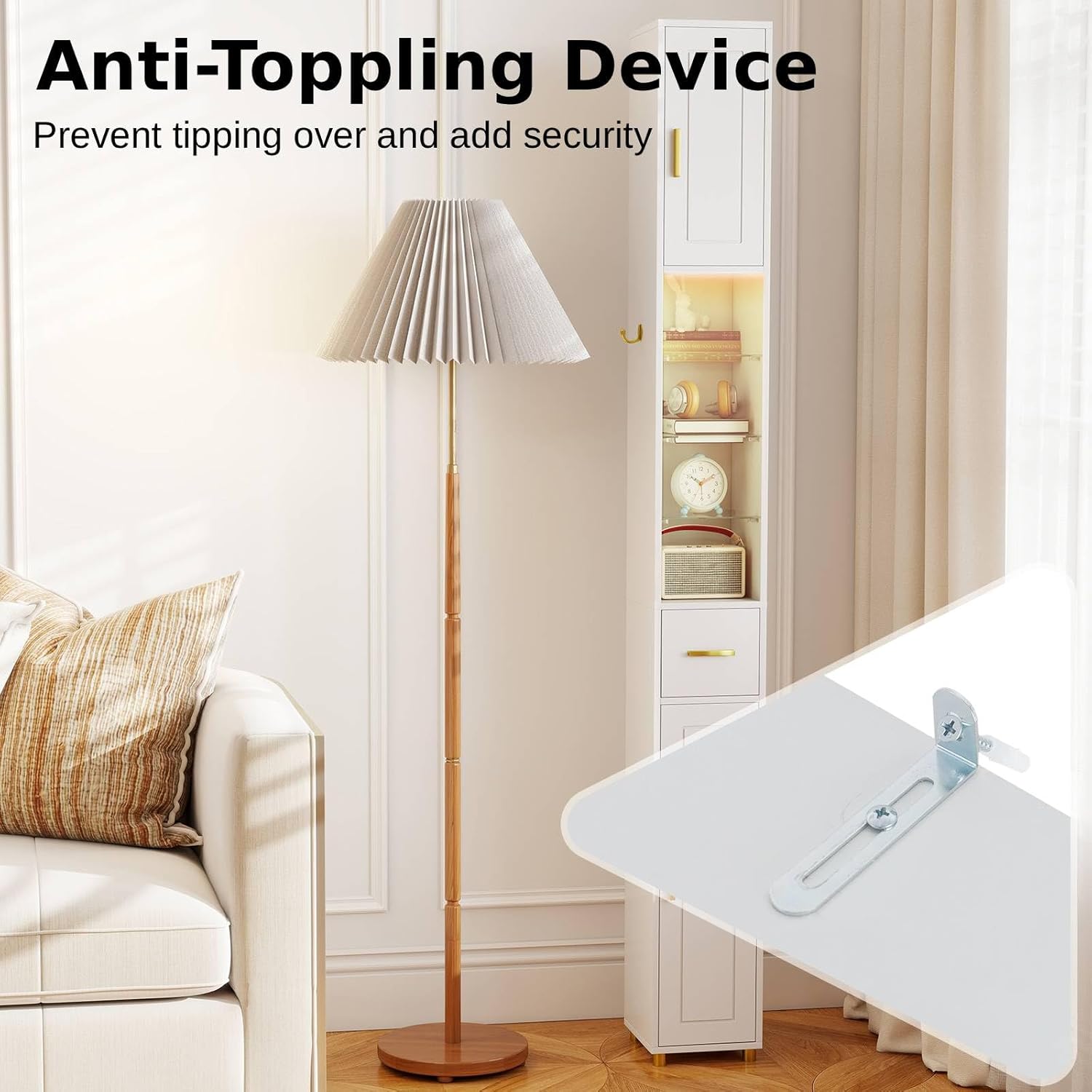Tall Slim Storage Cabinet White LED Shelf Hook Unit
