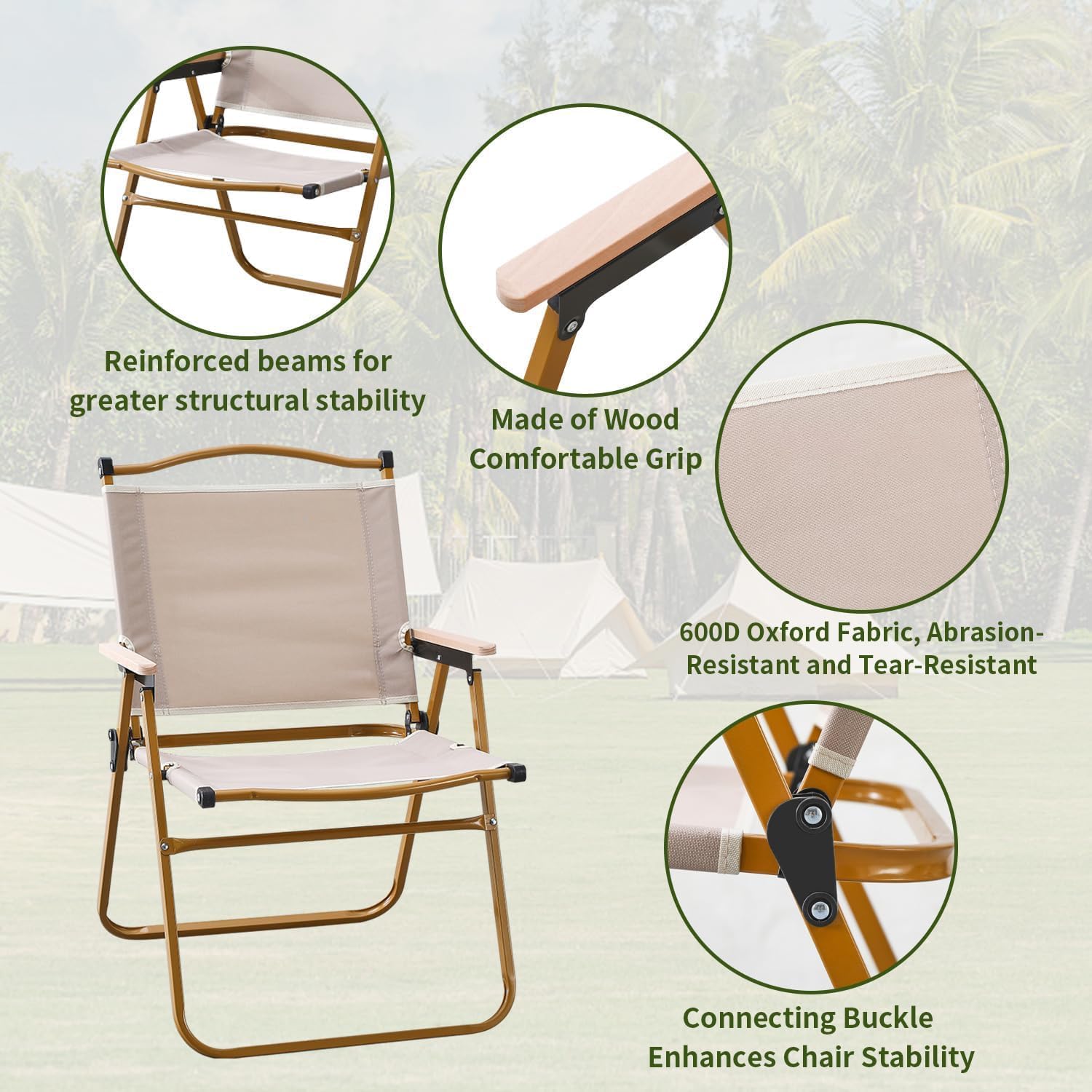 2 Pack Portable Folding Camping Chairs Wide Seat Wooden Arms