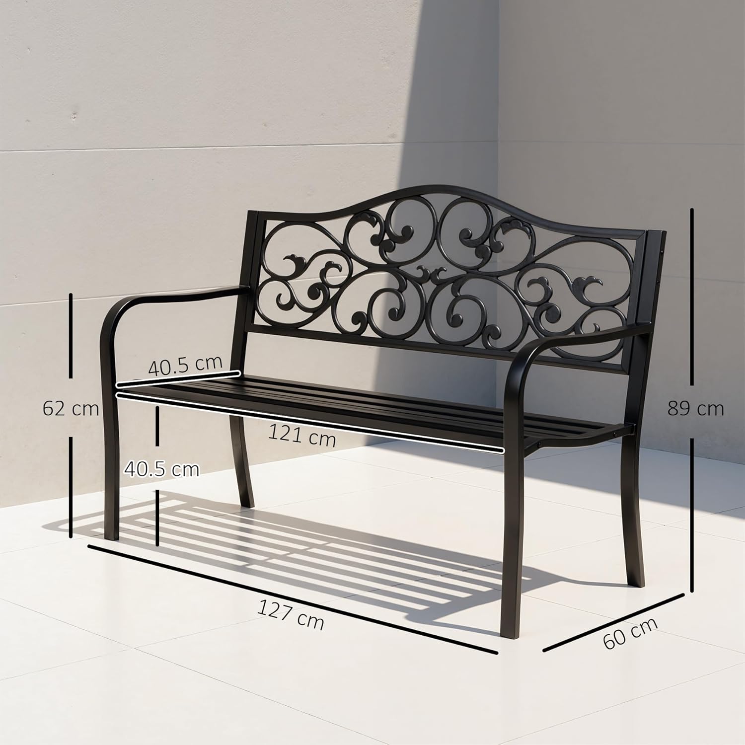 2 Seater Metal Garden Bench Floral Backrest Patio Park Seat