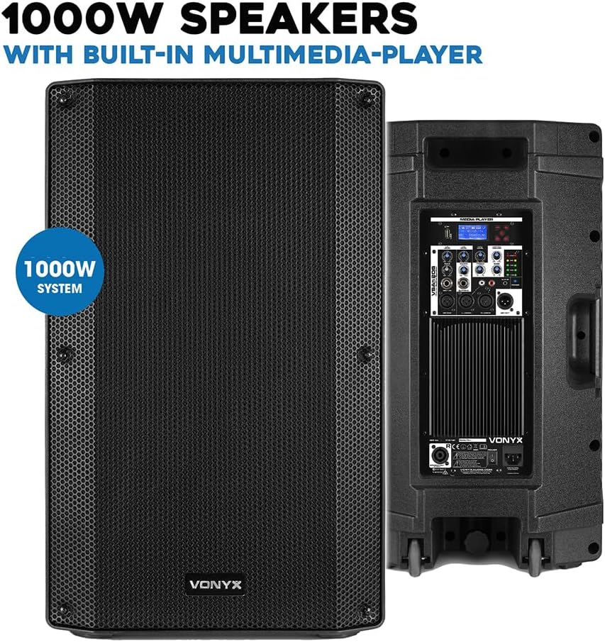 15 Inch DJ Speaker Set 1000W Active PA System Bluetooth USB