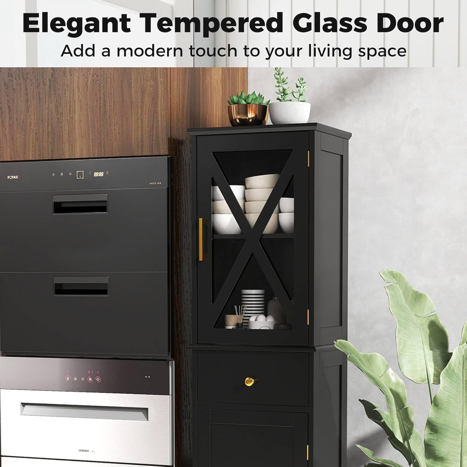 Tall Slim Storage Cabinet Black Glass Door Drawer Unit