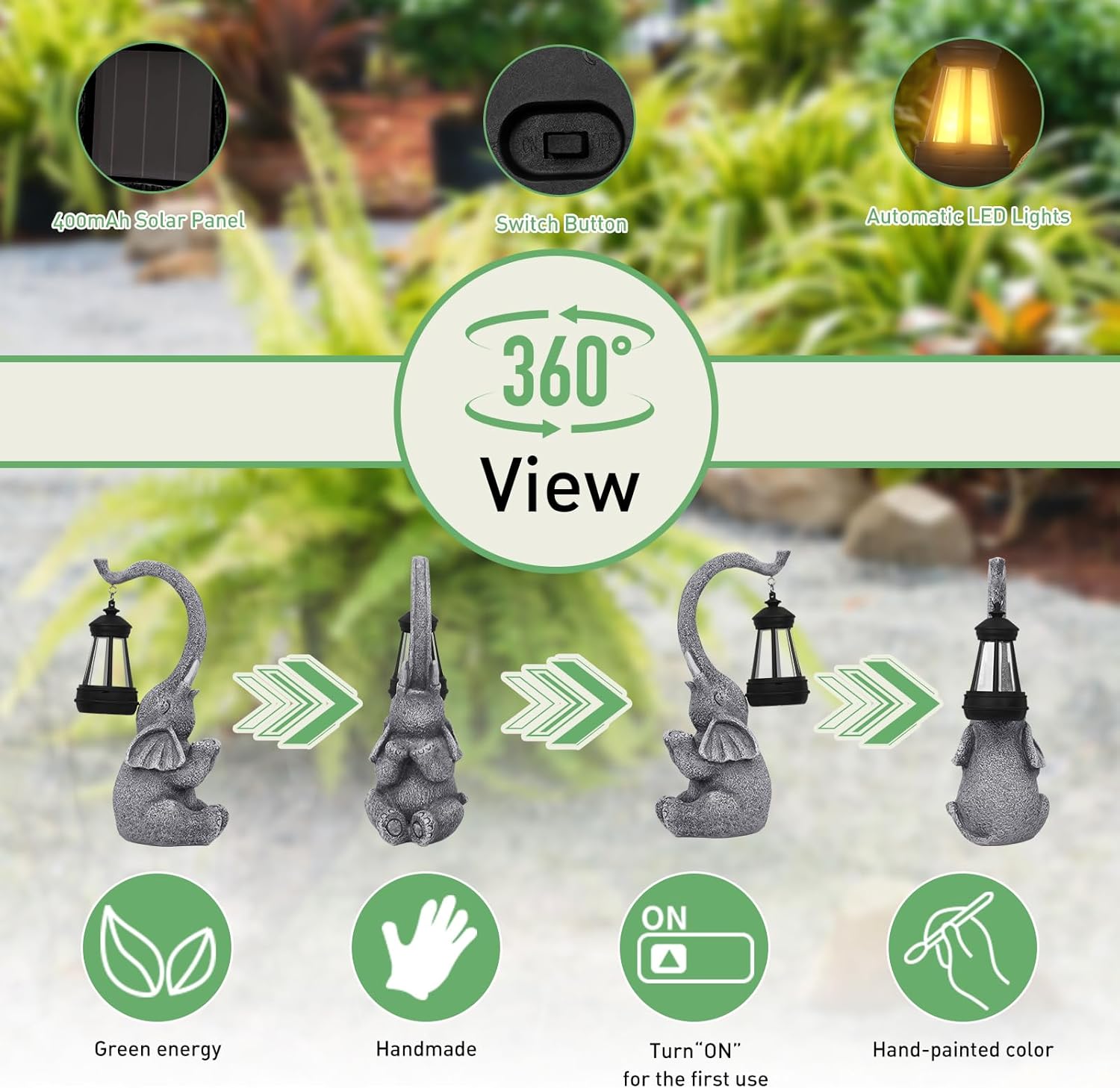 Solar Elephant Garden Statue LED Lantern Outdoor Waterproof Decor
