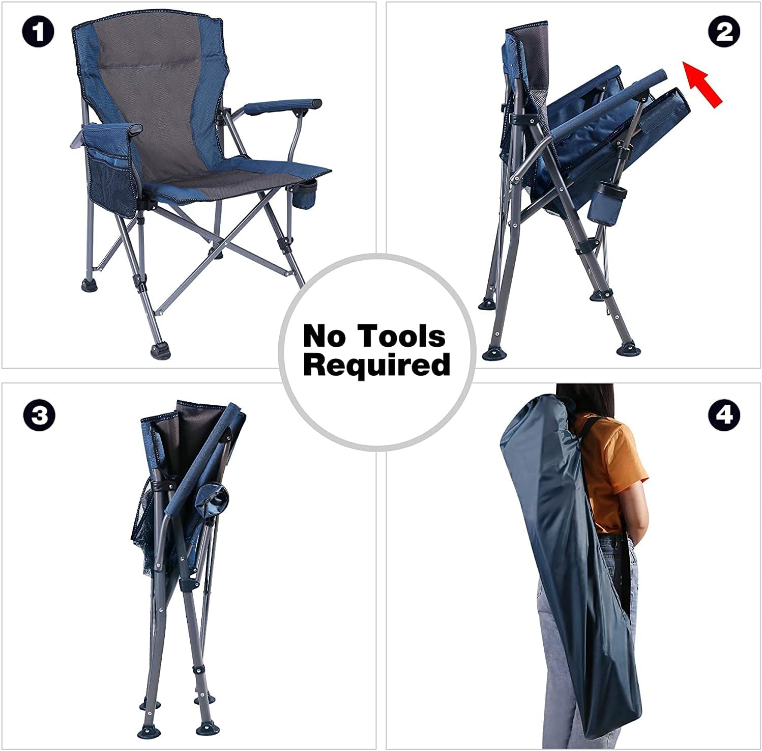 Set of 2 Oversized Folding Camping Chairs 200kg Navy