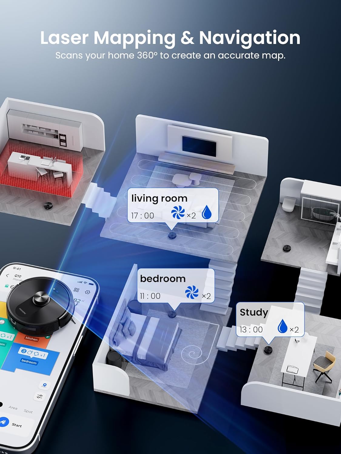 Robot Vacuum Mop 8000Pa LiDAR Mapping App Voice Control 200Min