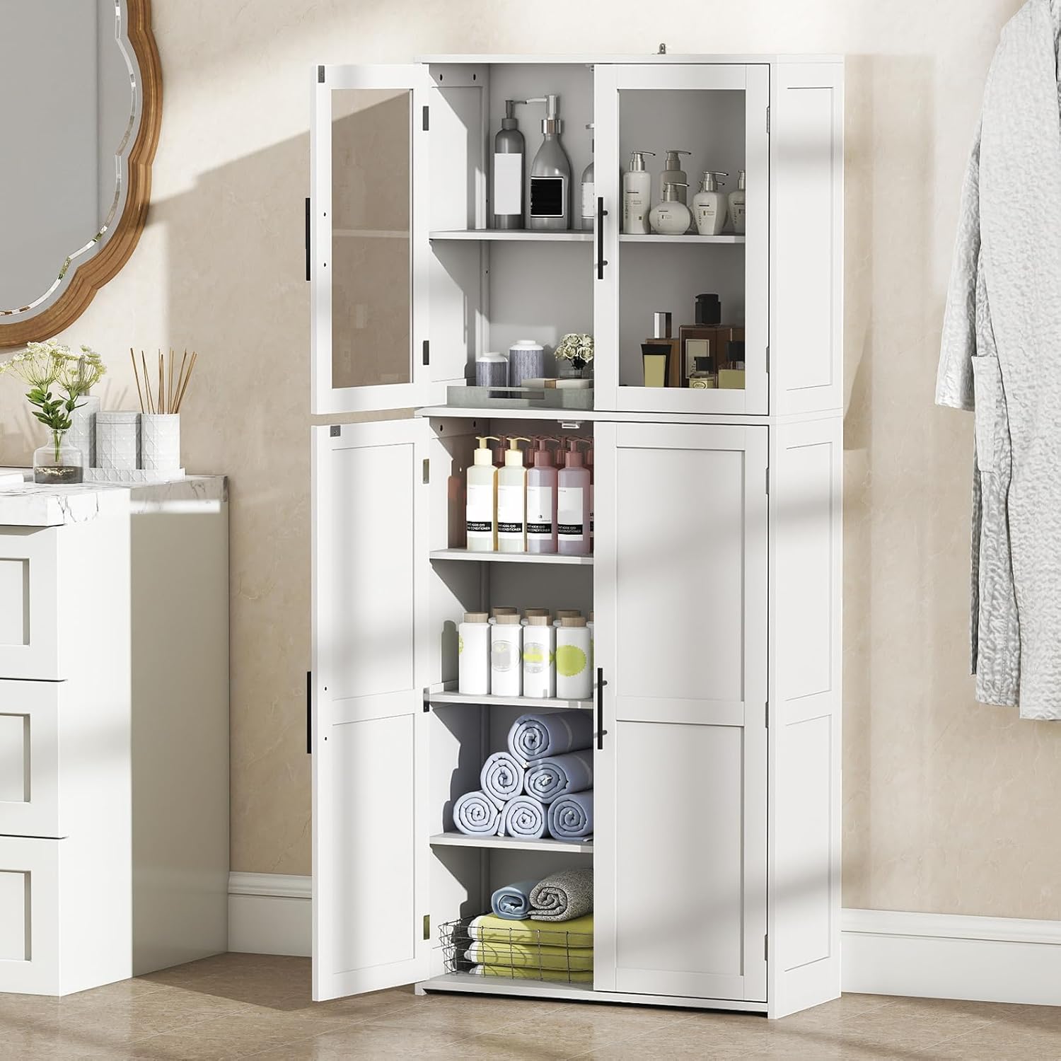 Tall Storage Cabinet White Adjustable Shelves Hook Unit