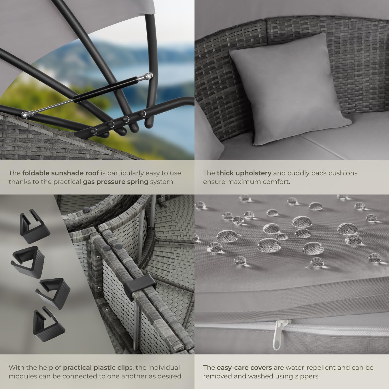 5 Piece Modular Rattan Daybed Set Canopy Grey