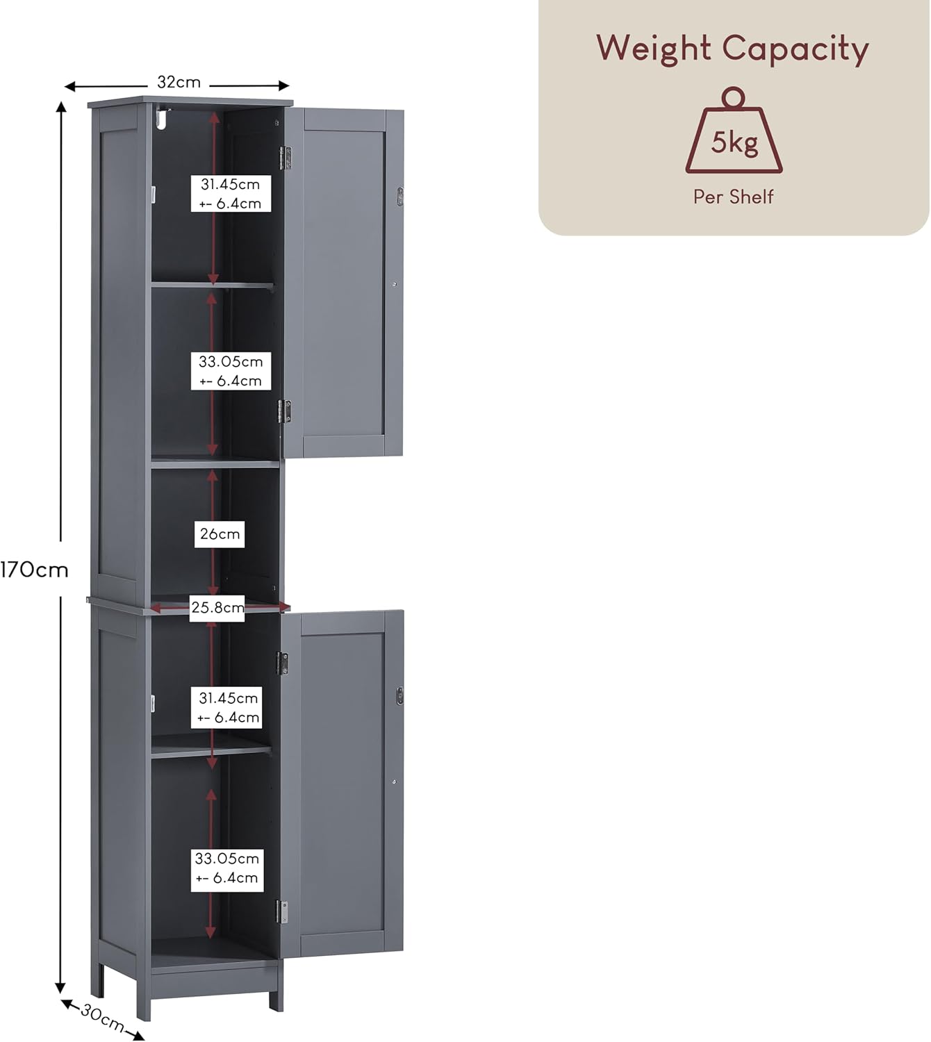 Tall Bathroom Storage Cabinet Grey 2 Door Tallboy Unit