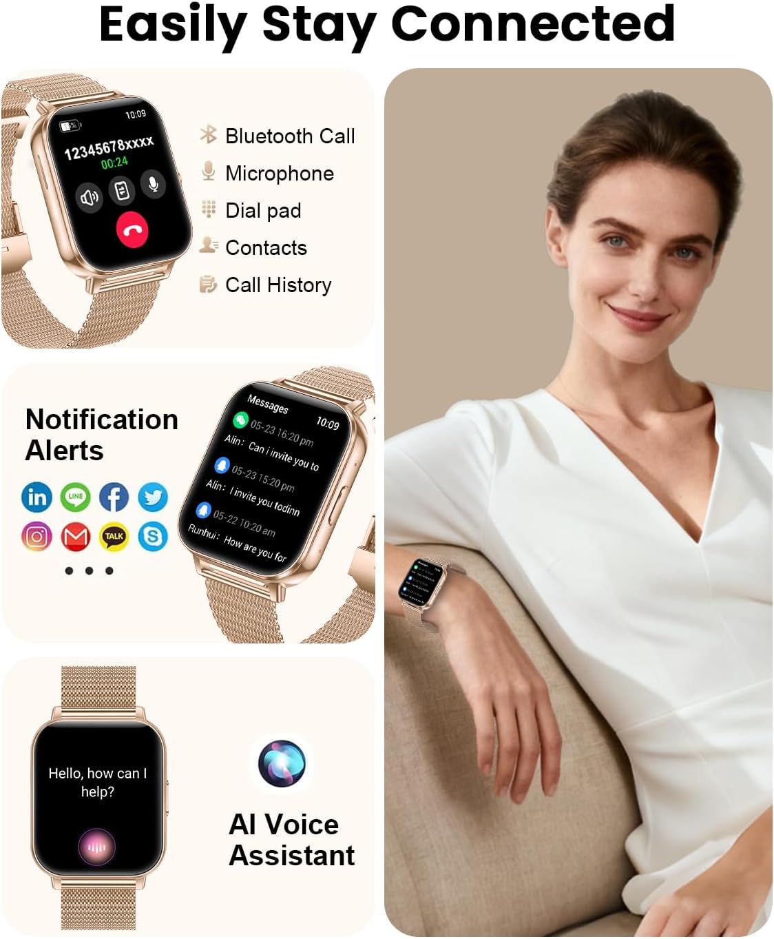 Rose Gold Smart Watch 1000mAh Battery Bluetooth Call Tracker