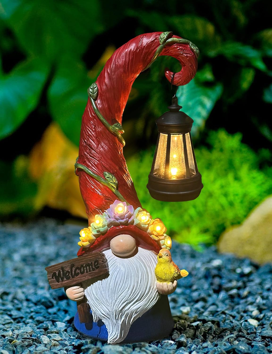 Solar Garden Gnome Statue LED Succulent Lights Outdoor Yard Decor