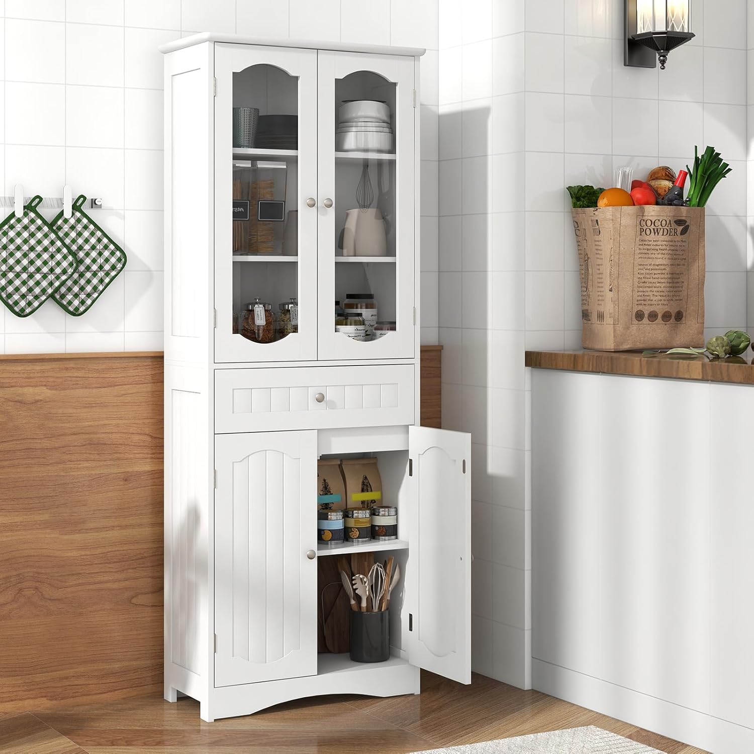 Tall Bathroom Cabinet Glass Door Drawer Shelf Unit White