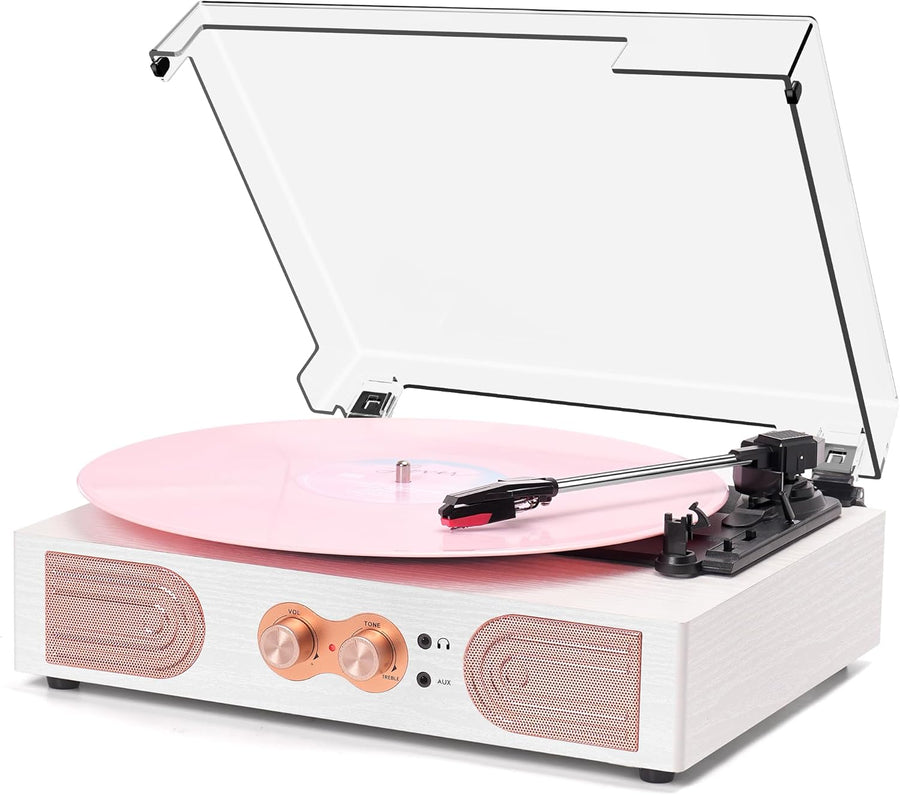 Vintage Record Player 3 Speed Built In Speakers White Rose Gold
