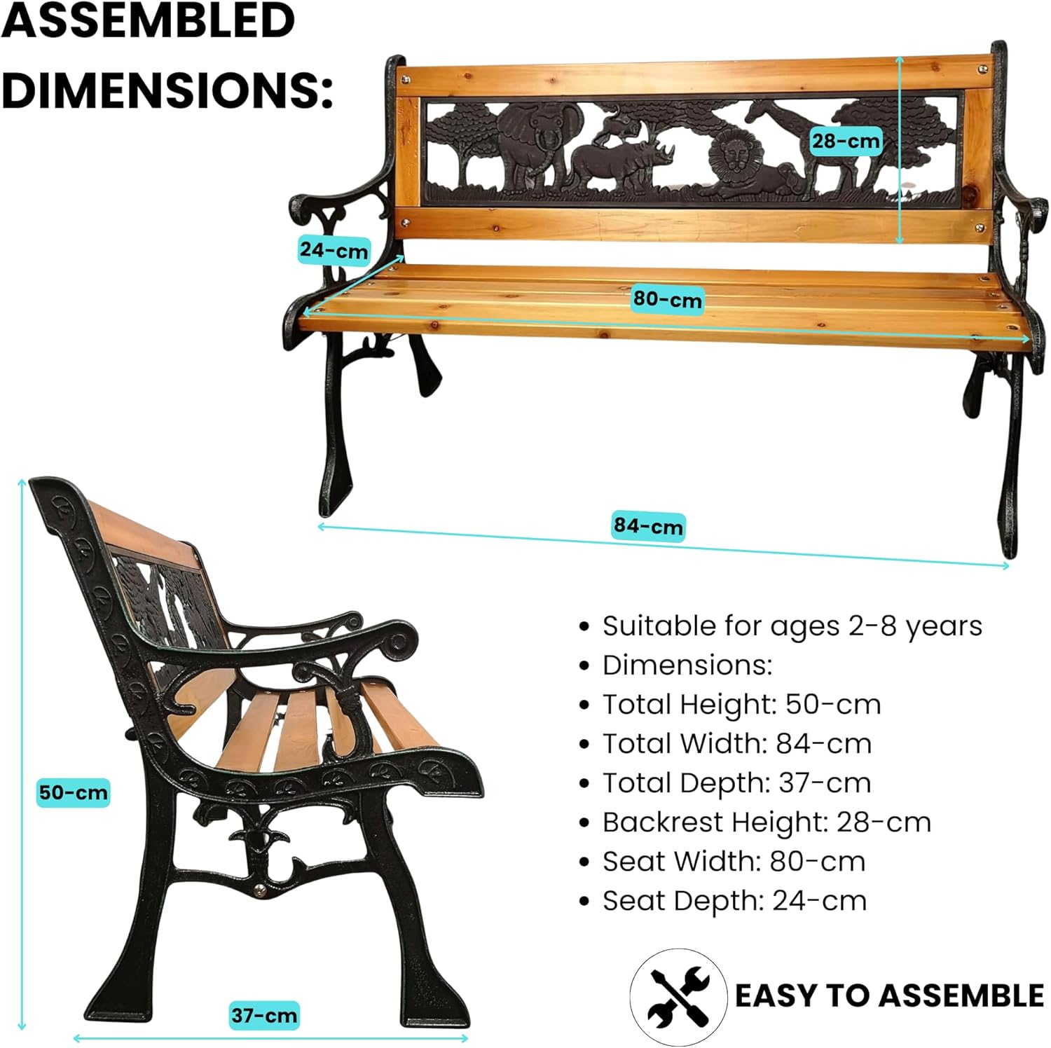 Kids Wooden Garden Bench Animal Design Cast Iron Outdoor Seat